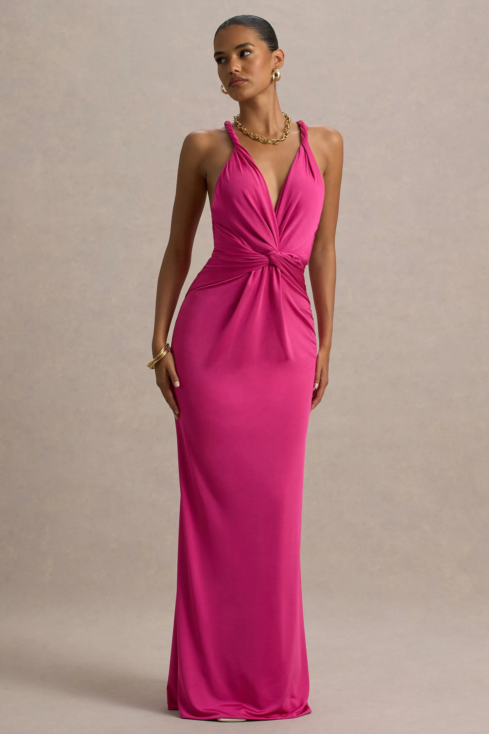 Santez | Hot Pink Twisted Plunge-Neck Maxi Dress sold by Club L London product image thumbnail 4