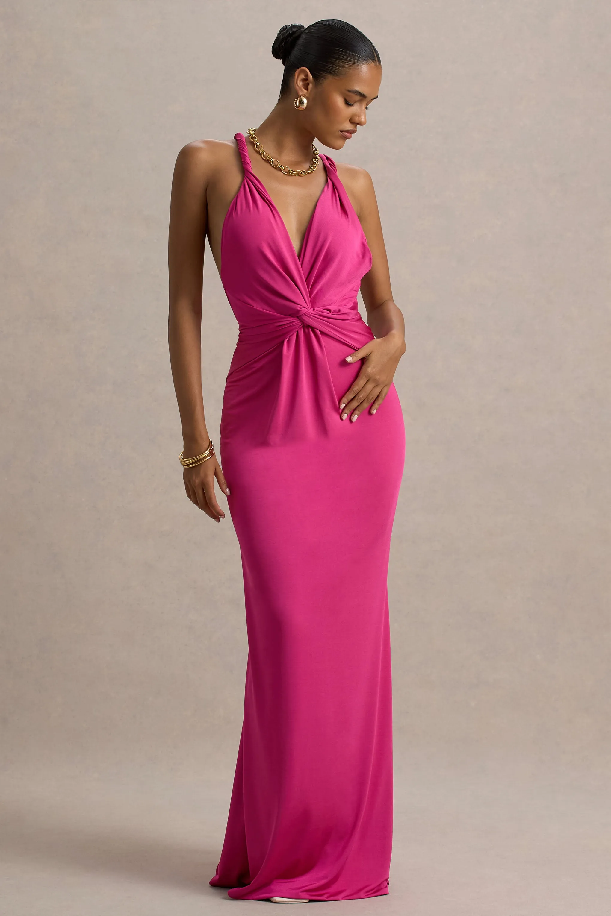 Santez | Hot Pink Twisted Plunge-Neck Maxi Dress sold by Club L London product image thumbnail 5