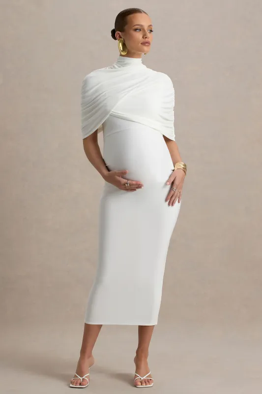 Augustina | White Maternity Midi Dress With Cape sold by Club L London