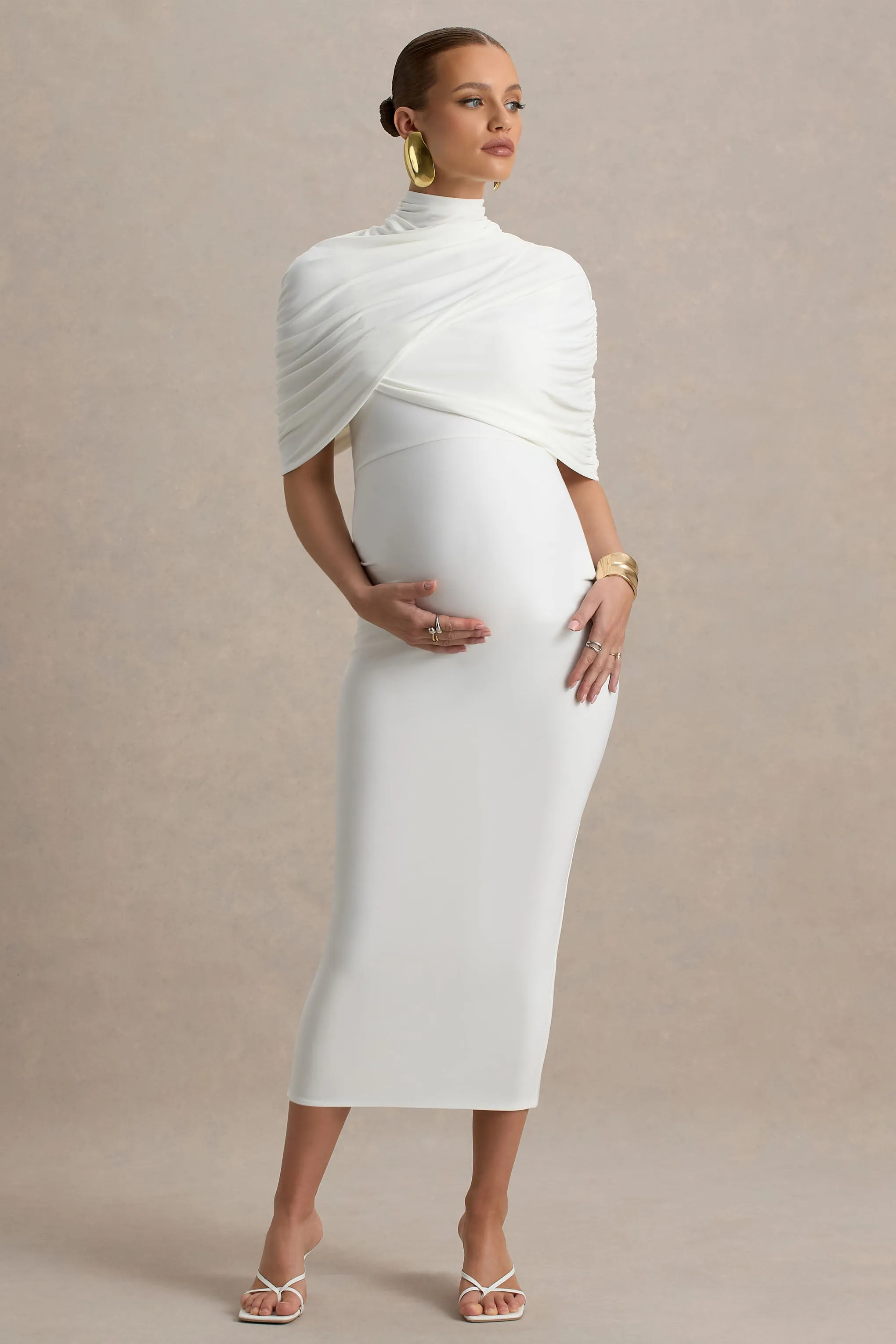 Augustina | White Maternity Midi Dress With Cape sold by Club L London