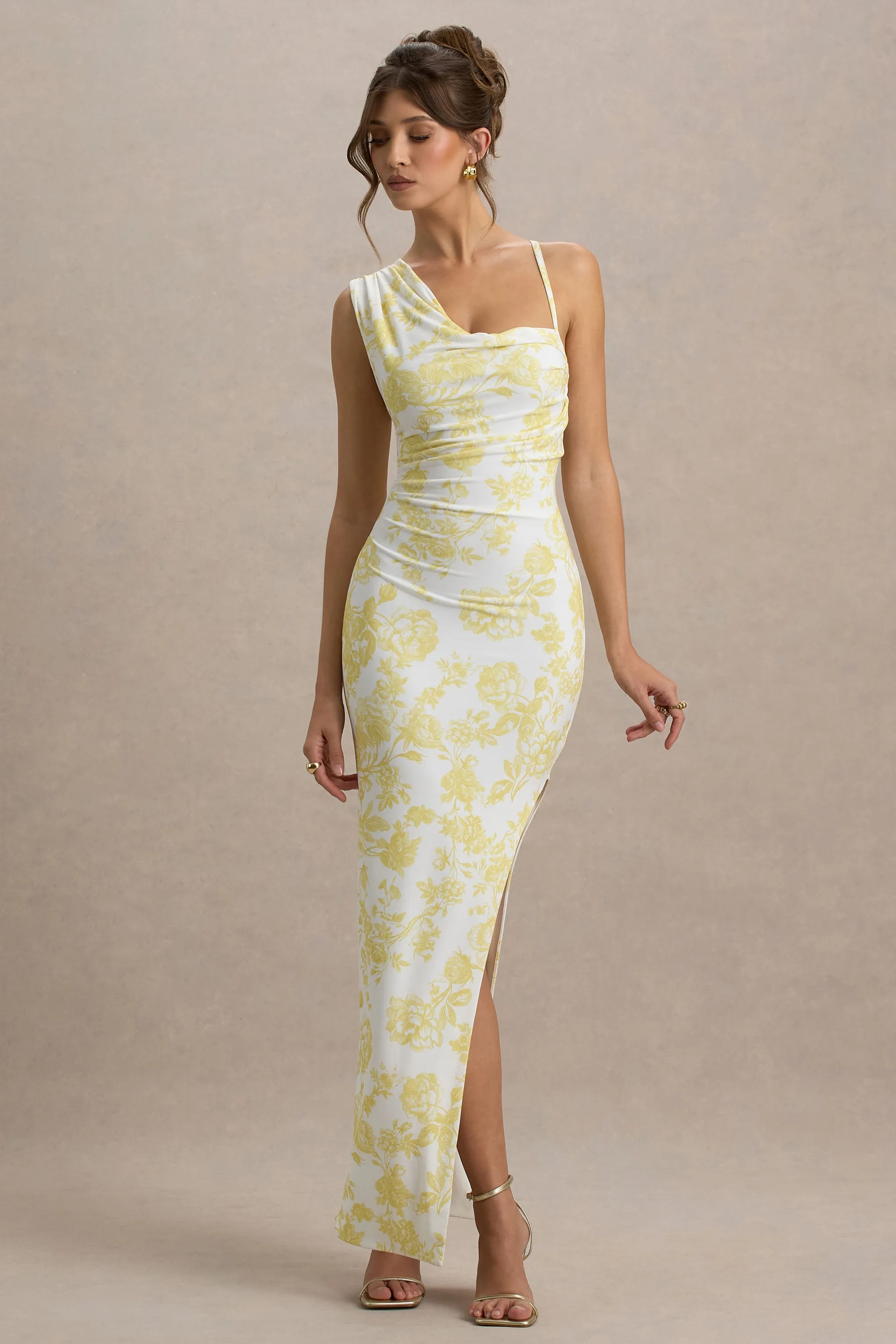 Sitara | Lemon Print Cowl-Neck Maxi Dress With Asymmetric Skirt sold by Club L London