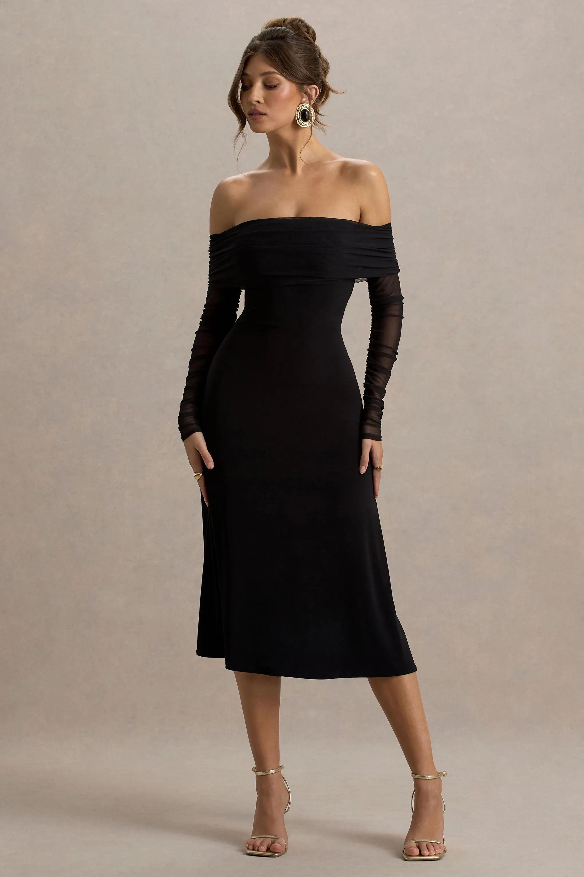 Flatter Me | Black Bardot Midi Dress With Mesh Sleeves sold by Club L London