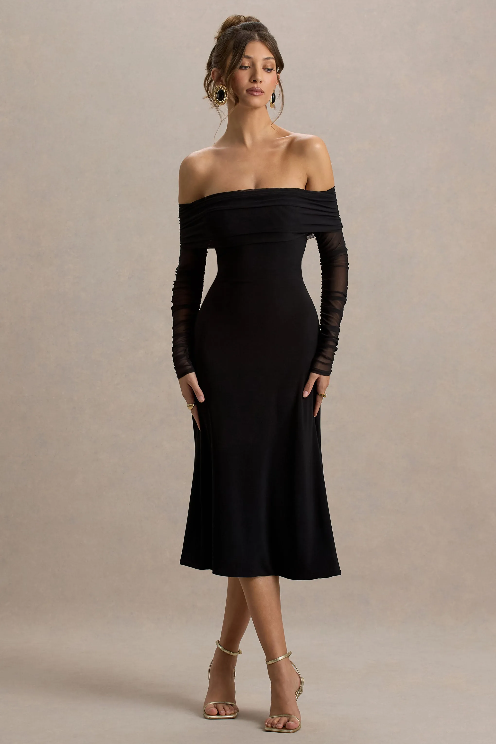 Flatter Me | Black Bardot Midi Dress With Mesh Sleeves sold by Club L London product image thumbnail 5