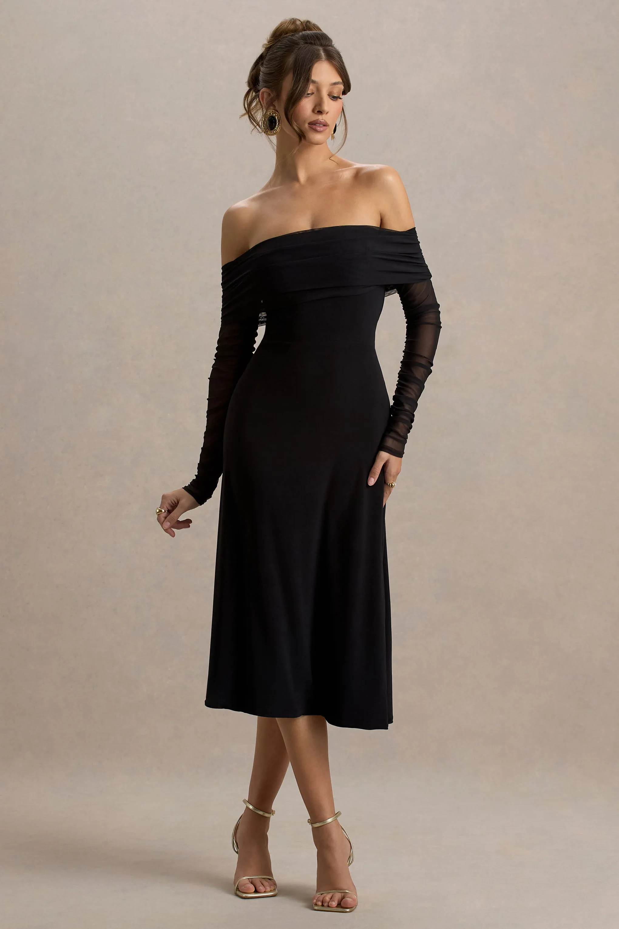 Flatter Me | Black Bardot Midi Dress With Mesh Sleeves sold by Club L London product image thumbnail 4