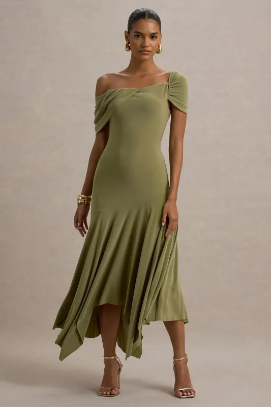 Castor | Olive Asymmetric Midi Dress sold by Club L London