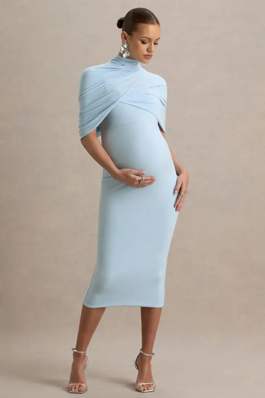 Augustina | Powder Blue Maternity Midi Dress With Cape sold by Club L London