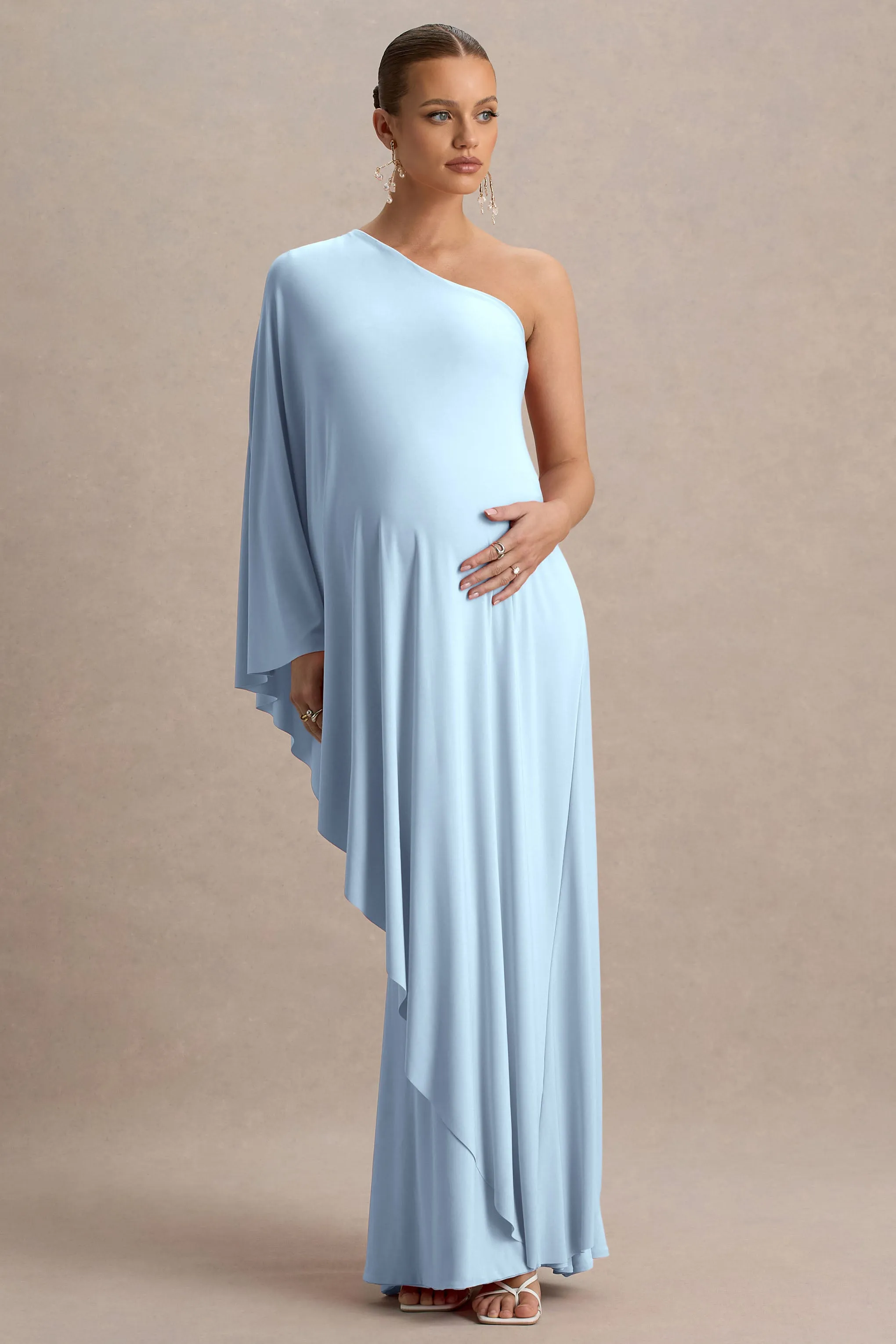Waves | Powder Blue Asymmetric Maternity Maxi Dress With One-Sleeve Cape sold by Club L London product image thumbnail 5