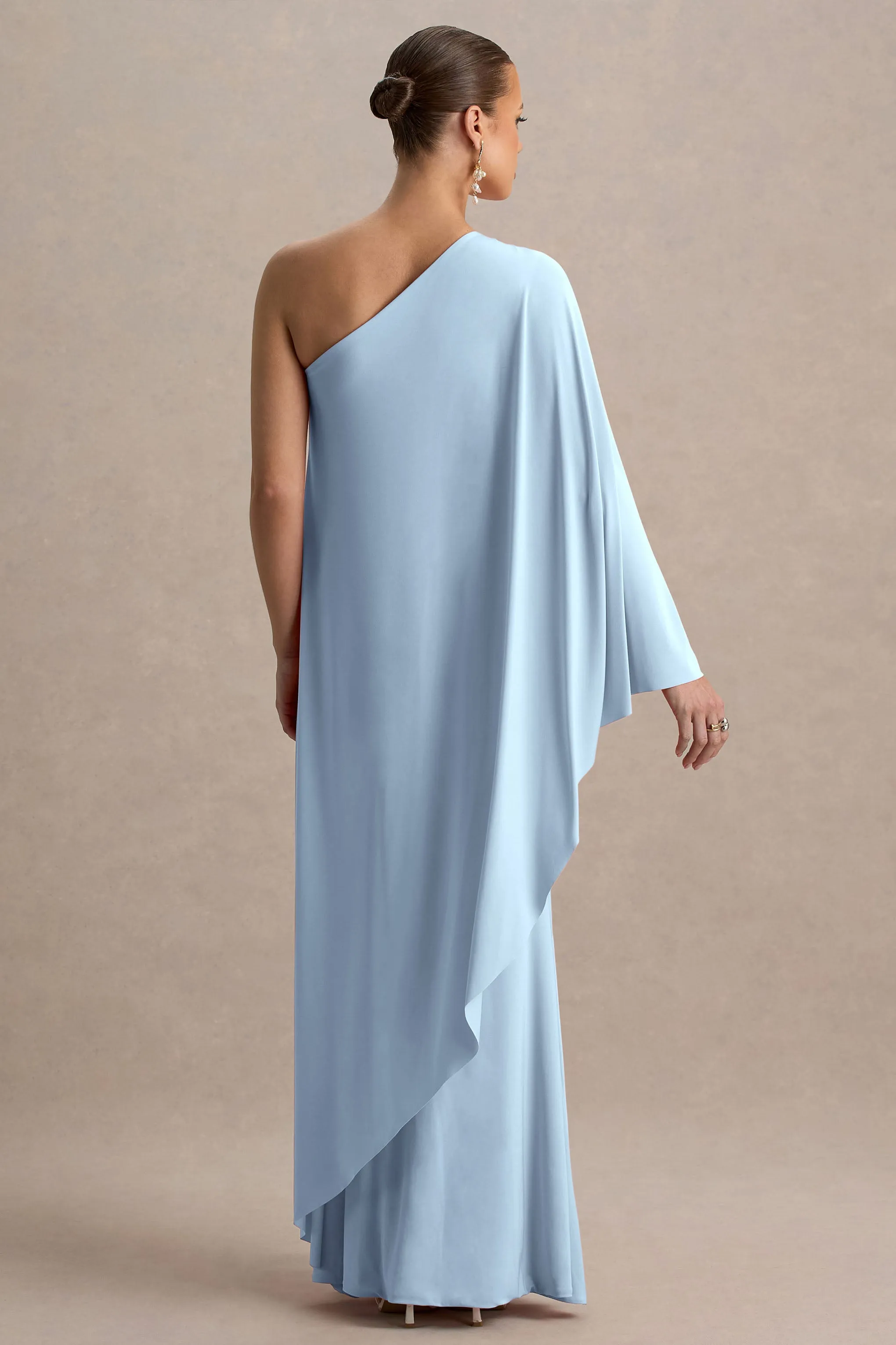 Waves | Powder Blue Asymmetric Maternity Maxi Dress With One-Sleeve Cape sold by Club L London product image thumbnail 2