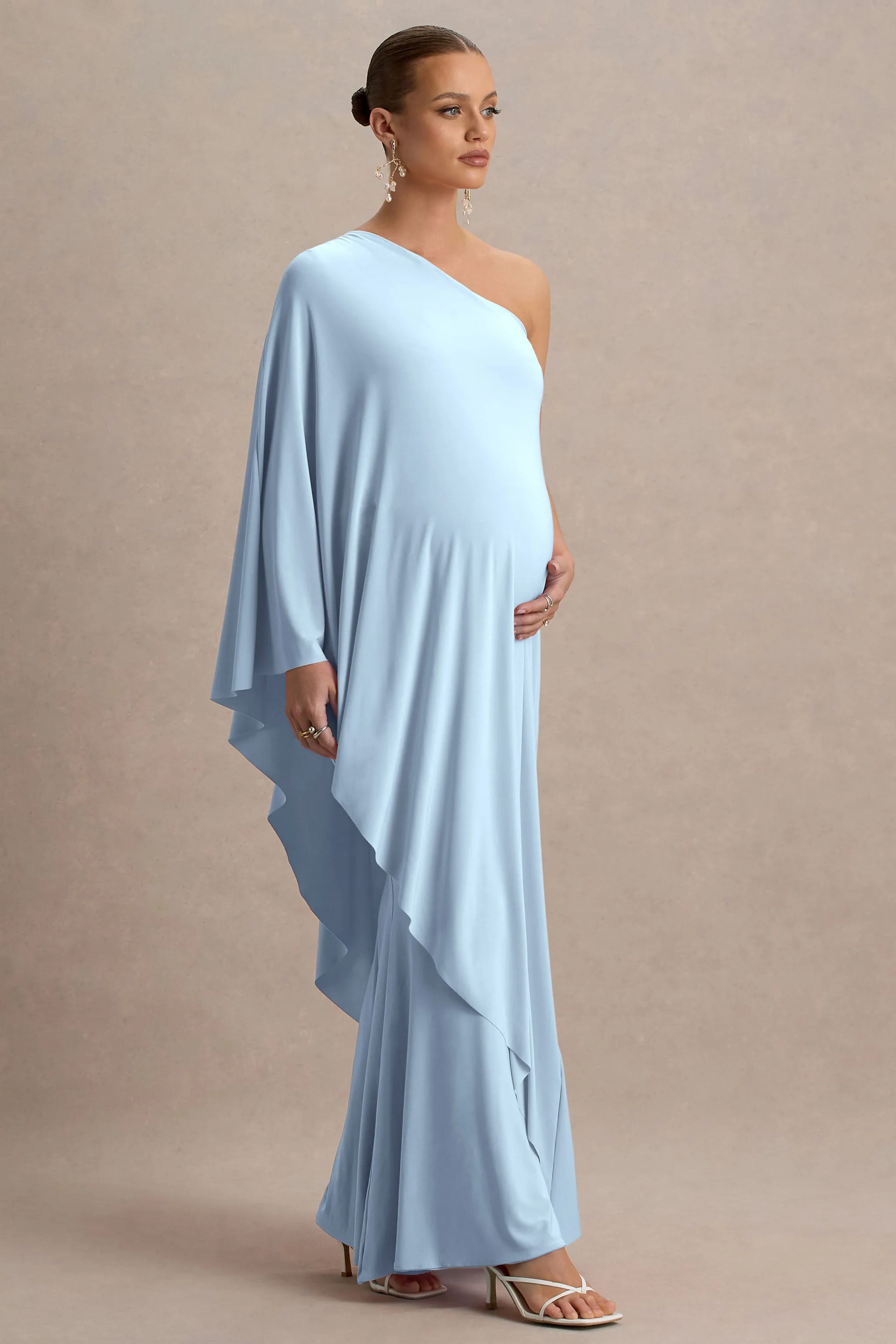Waves | Powder Blue Asymmetric Maternity Maxi Dress With One-Sleeve Cape sold by Club L London product image thumbnail 4