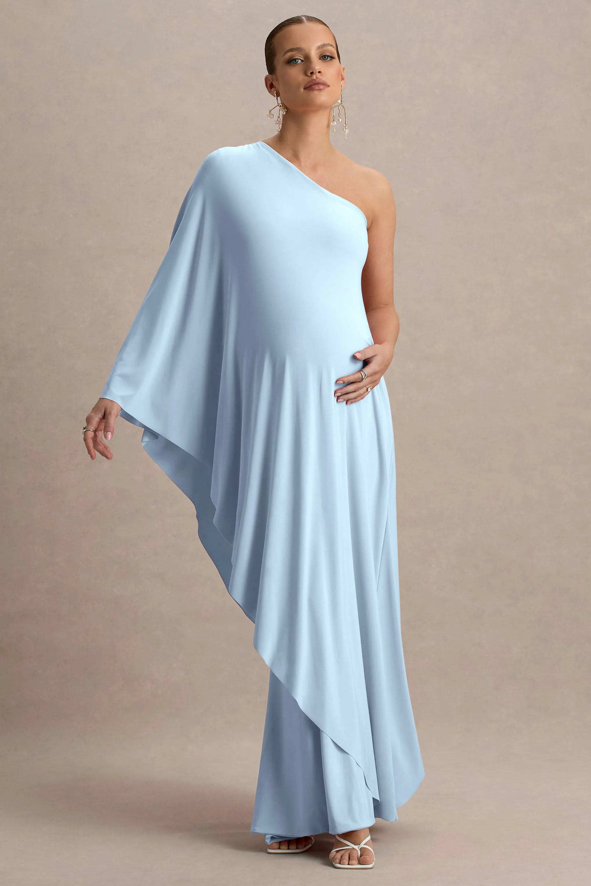 Waves | Powder Blue Asymmetric Maternity Maxi Dress With One-Sleeve Cape sold by Club L London