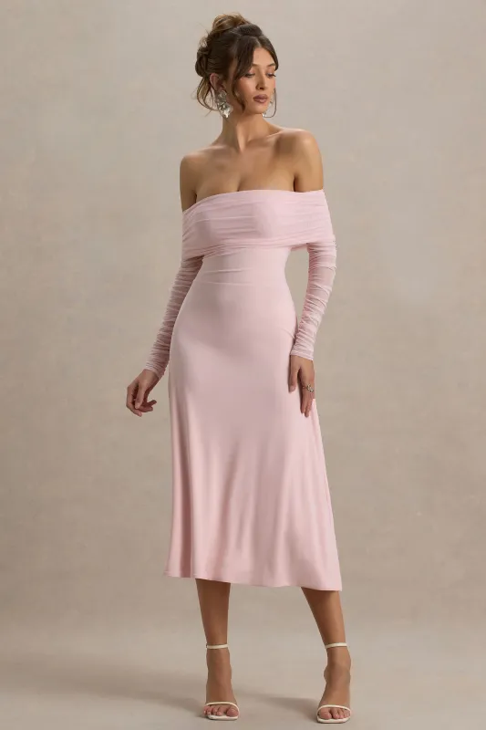 Flatter Me | Light Pink Bardot Midi Dress With Mesh Sleeves sold by Club L London
