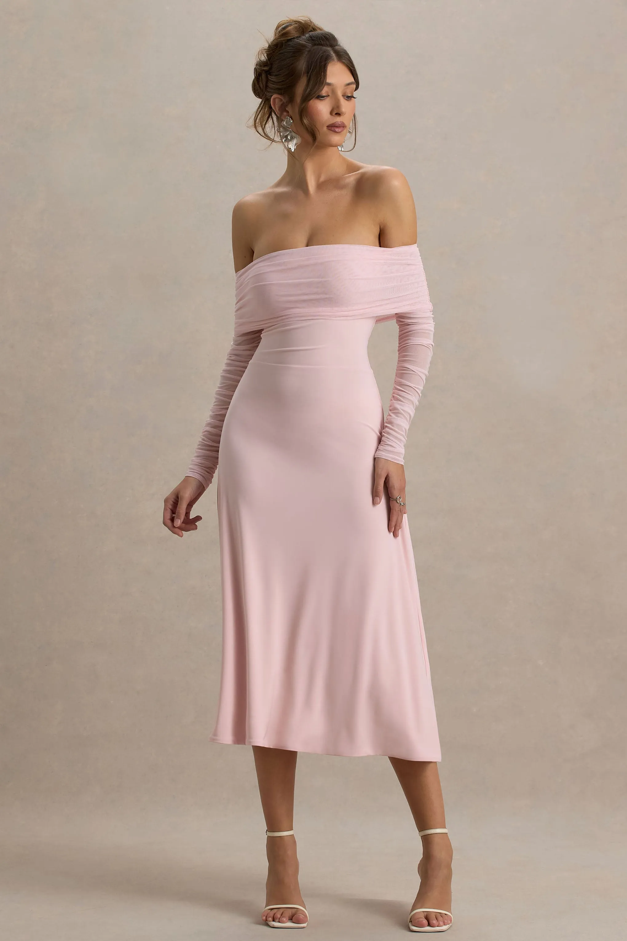 Flatter Me | Light Pink Bardot Midi Dress With Mesh Sleeves sold by Club L London