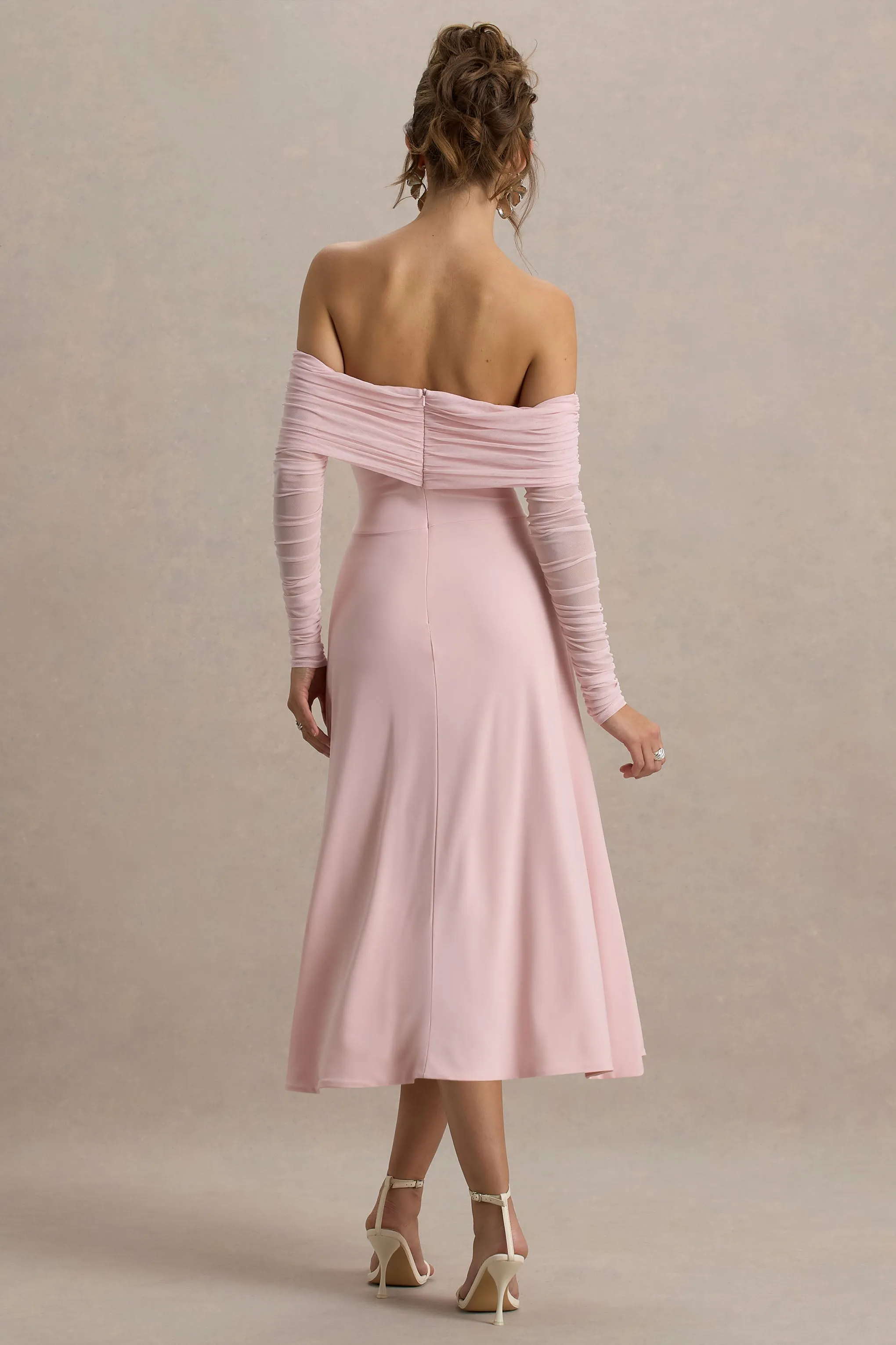 Flatter Me | Light Pink Bardot Midi Dress With Mesh Sleeves sold by Club L London product image thumbnail 2