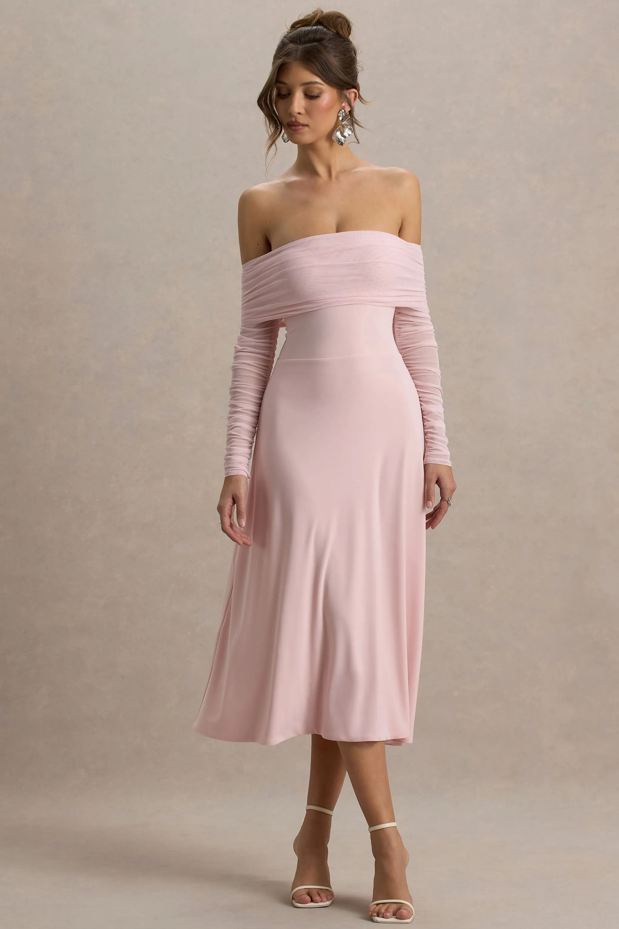 Flatter Me | Light Pink Bardot Midi Dress With Mesh Sleeves sold by Club L London product image thumbnail 4