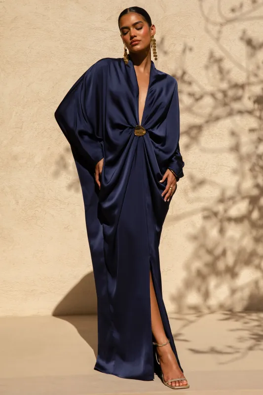 Tina | Navy Satin Plunge-Neck Embellished Maxi Dress sold by Club L London