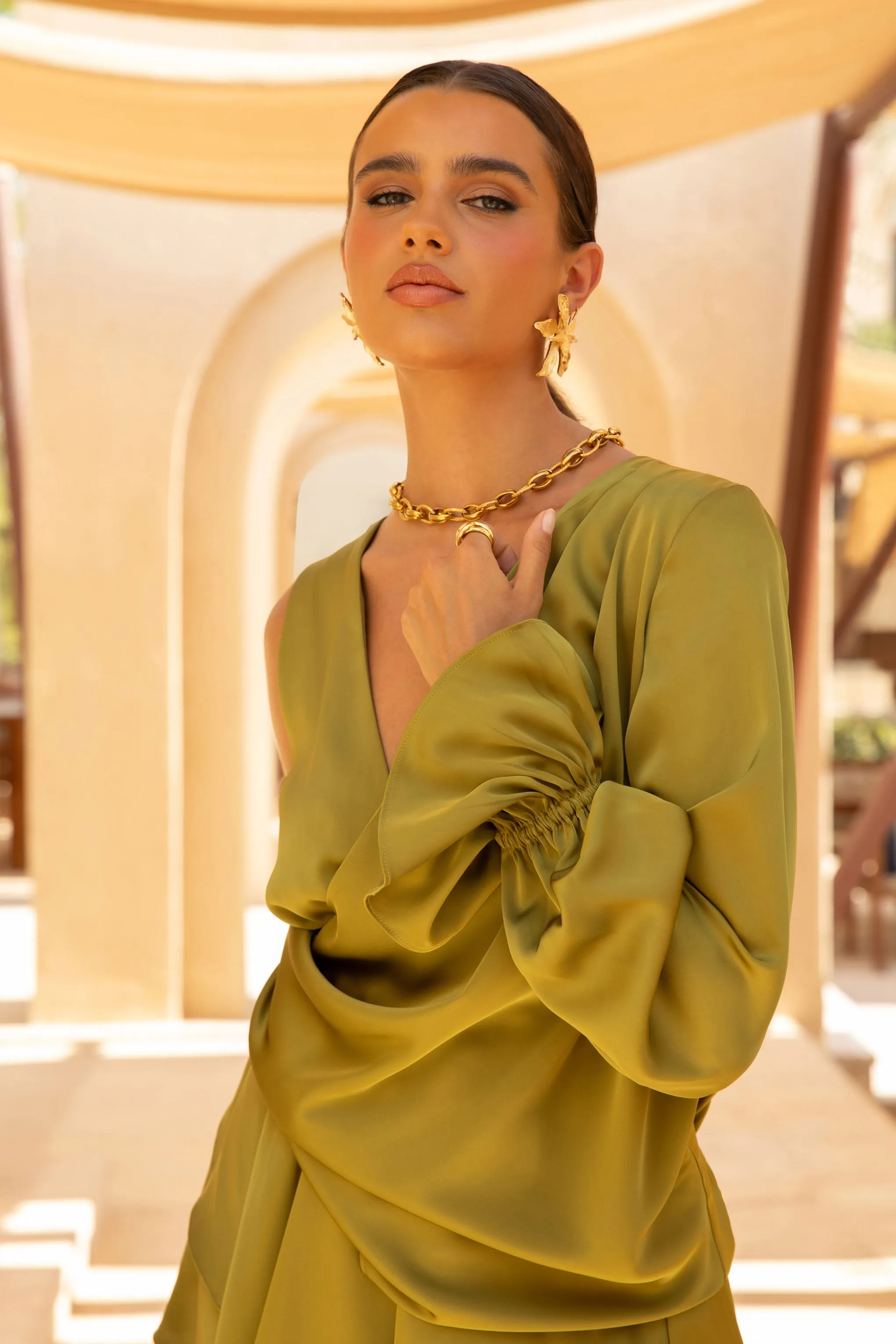 Cara | Olive Satin Plunge-Neck Micro-Mini Dress With Long Sleeve sold by Club L London product image thumbnail 3