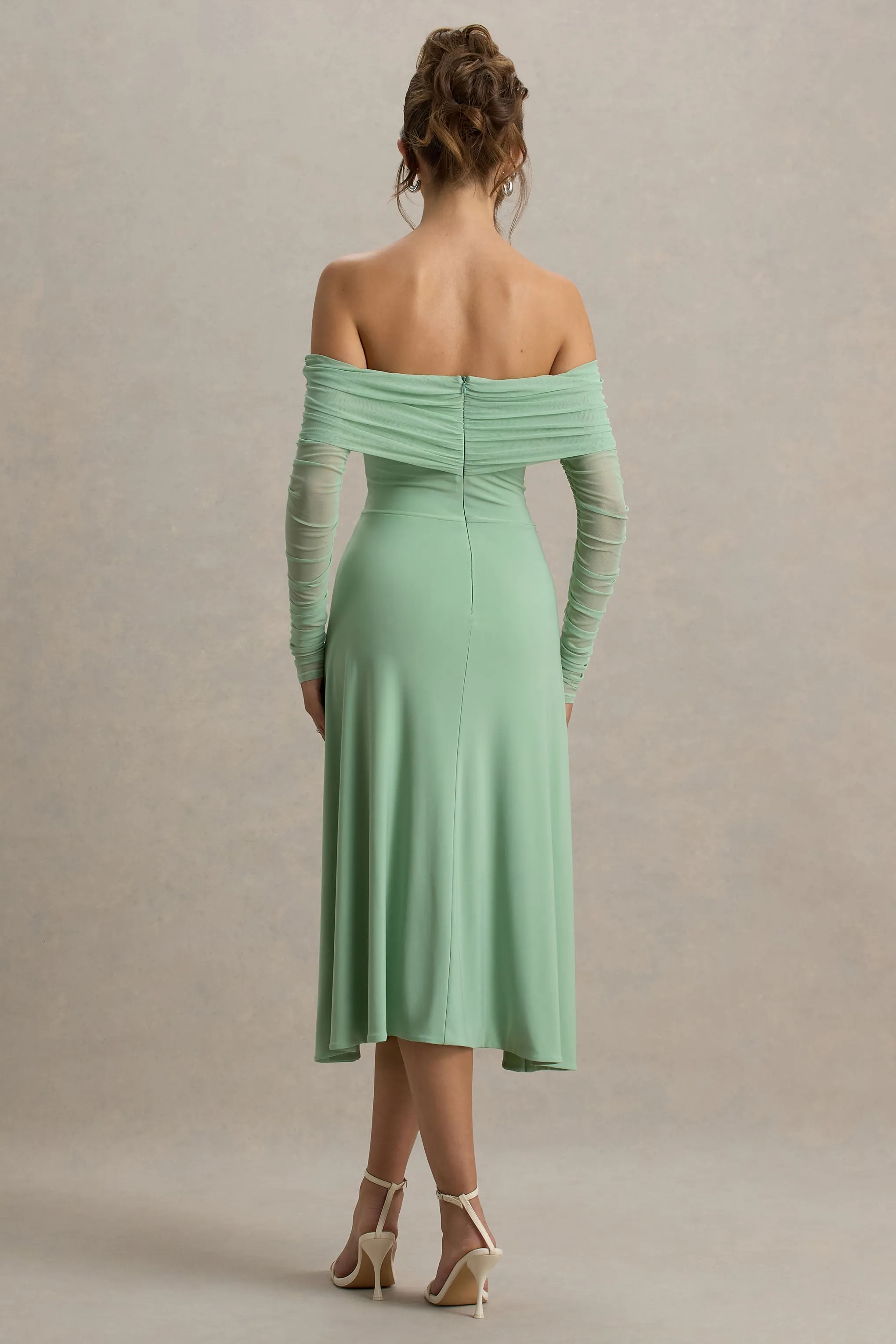 Flatter Me | Light Green Bardot Midi Dress With Mesh Sleeves sold by Club L London product image thumbnail 2