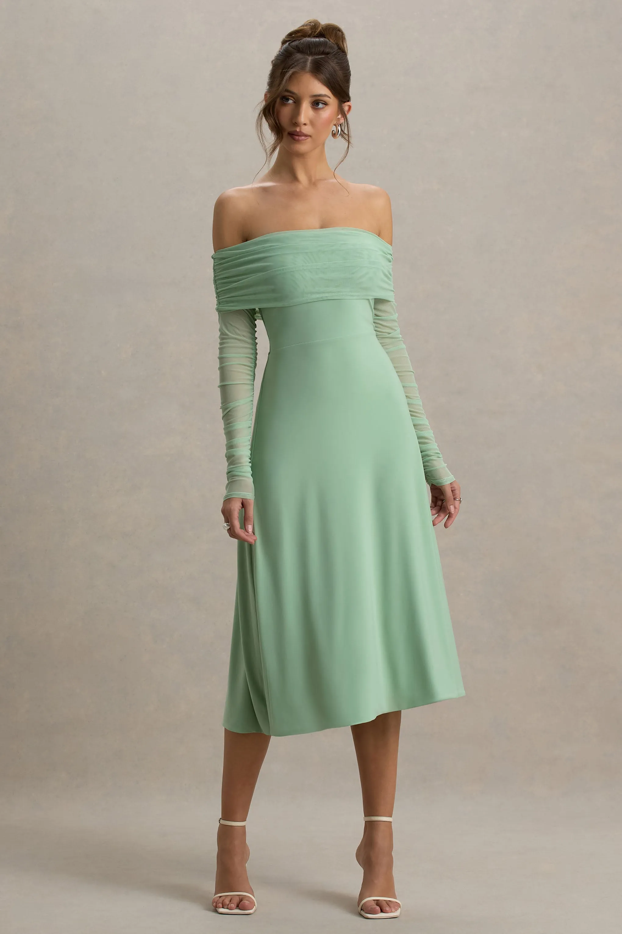 Flatter Me | Light Green Bardot Midi Dress With Mesh Sleeves sold by Club L London product image thumbnail 4