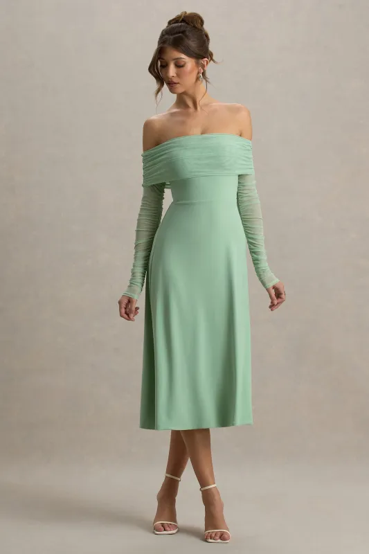 Flatter Me | Light Green Bardot Midi Dress With Mesh Sleeves sold by Club L London