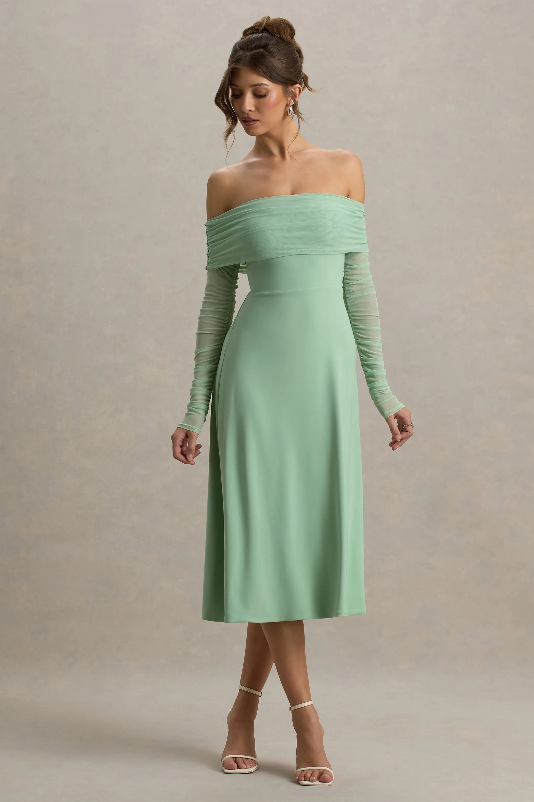 Flatter Me | Light Green Bardot Midi Dress With Mesh Sleeves sold by Club L London