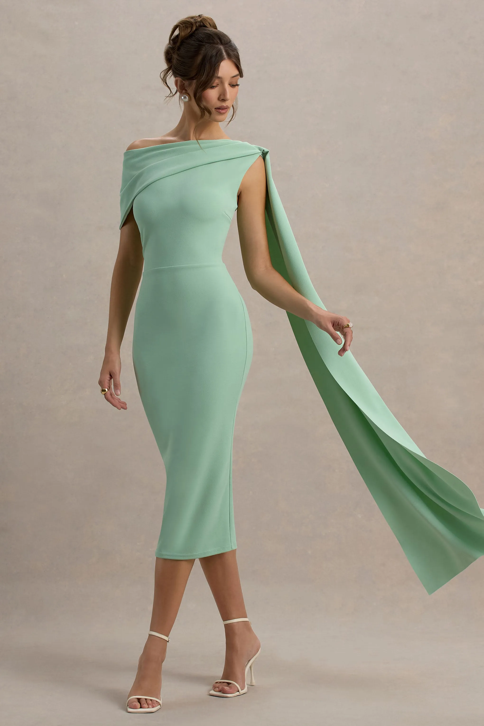 Niamh | Sage Asymmetric Midi Dress With Drape sold by Club L London