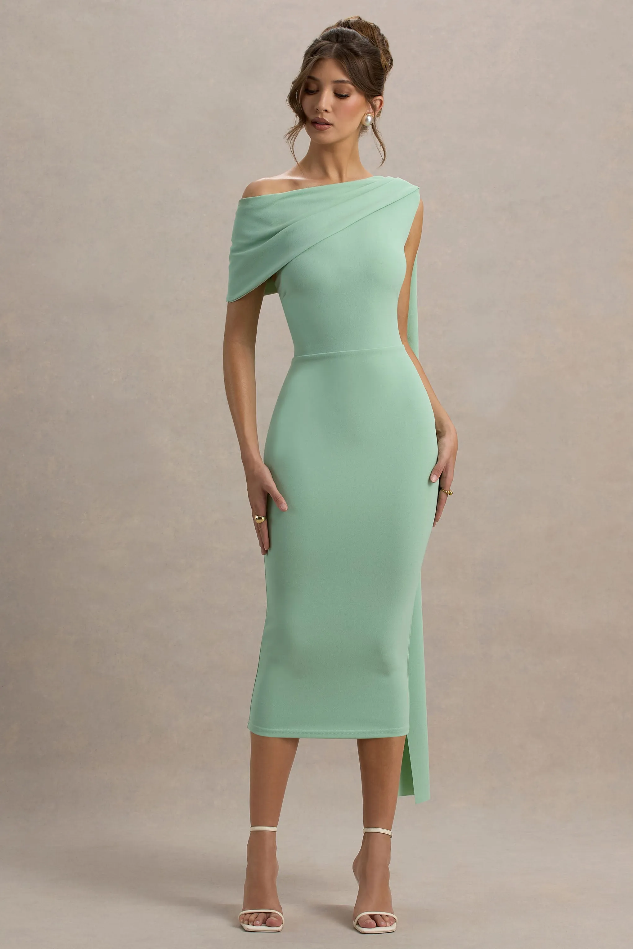 Niamh | Sage Asymmetric Midi Dress With Drape sold by Club L London product image thumbnail 5