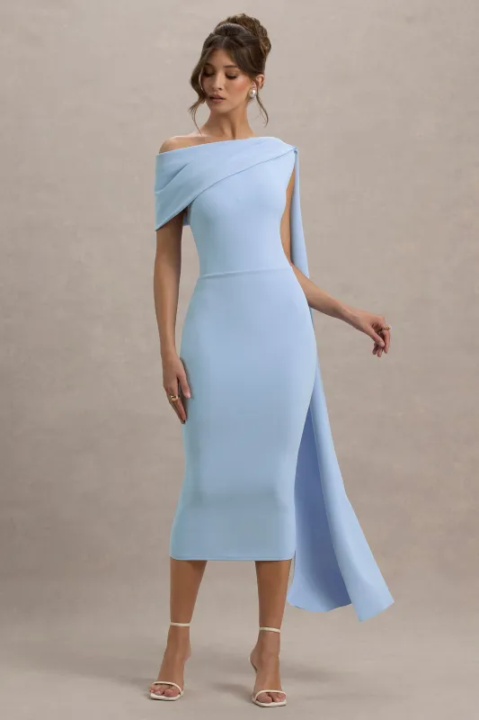 Niamh | Powder Blue Asymmetric Midi Dress With Drape sold by Club L London