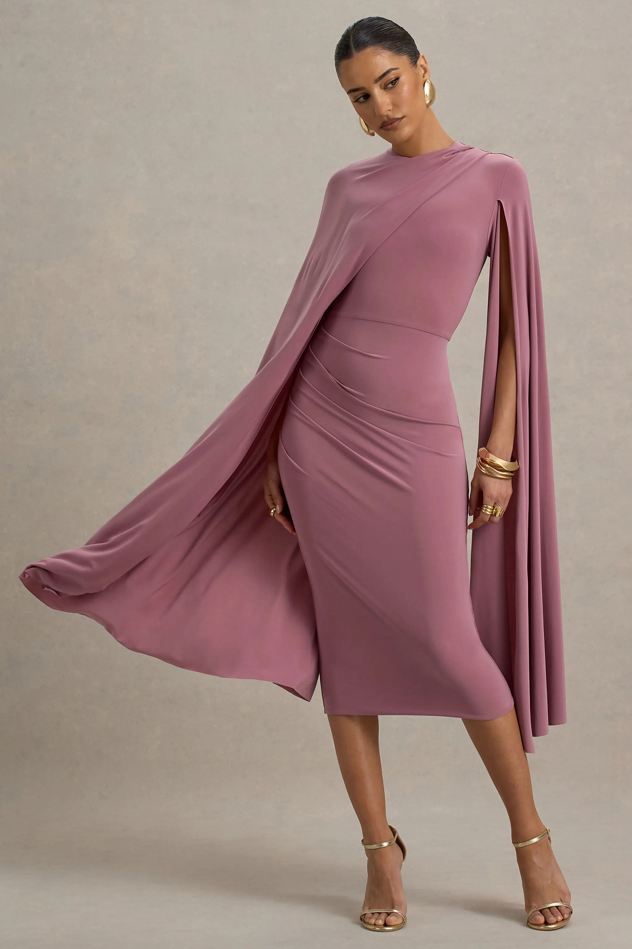 Marysol | Dusky Rose Asymmetric Cape Midi Dress sold by Club L London product image thumbnail 4