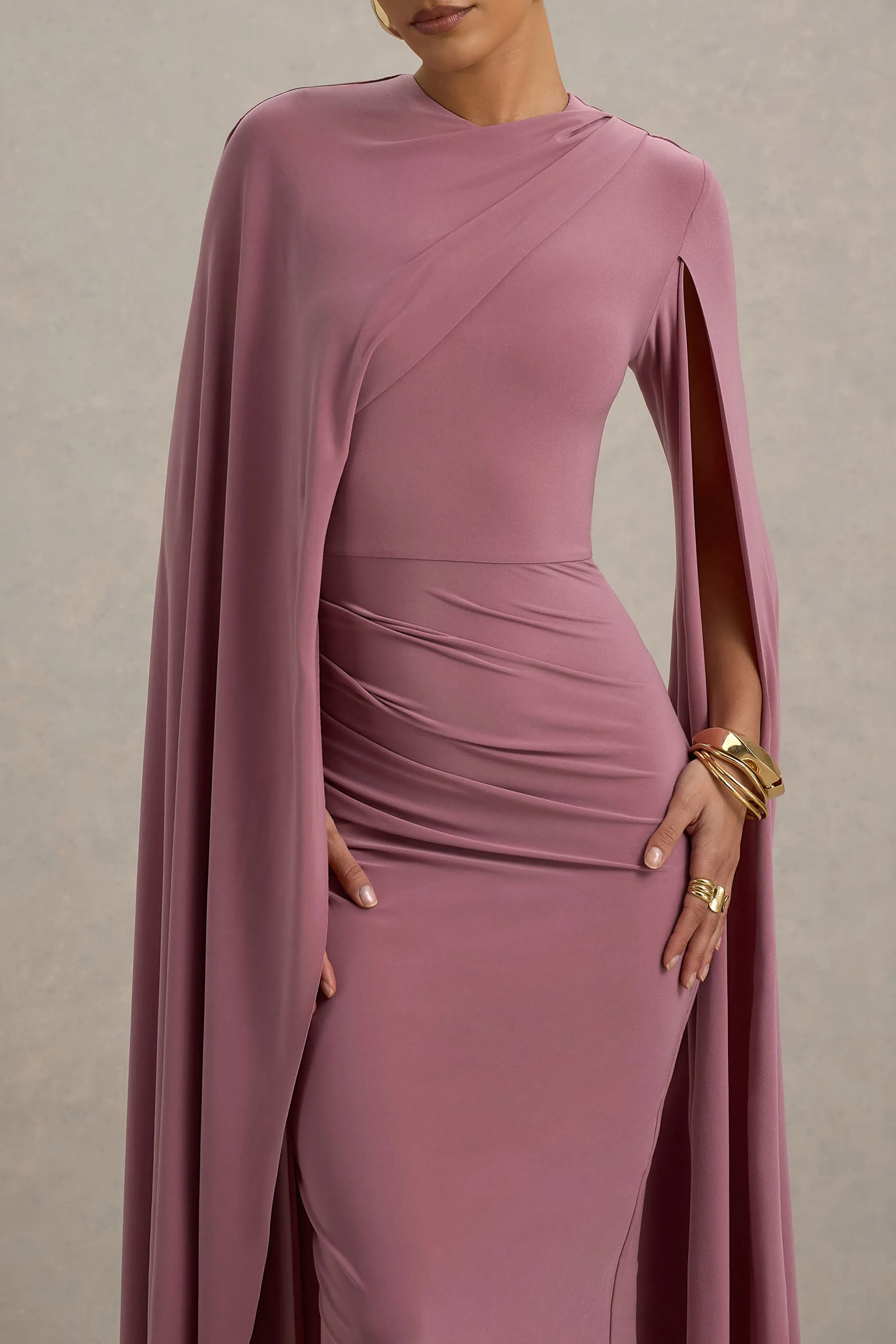 Marysol | Dusky Rose Asymmetric Cape Midi Dress sold by Club L London product image thumbnail 3