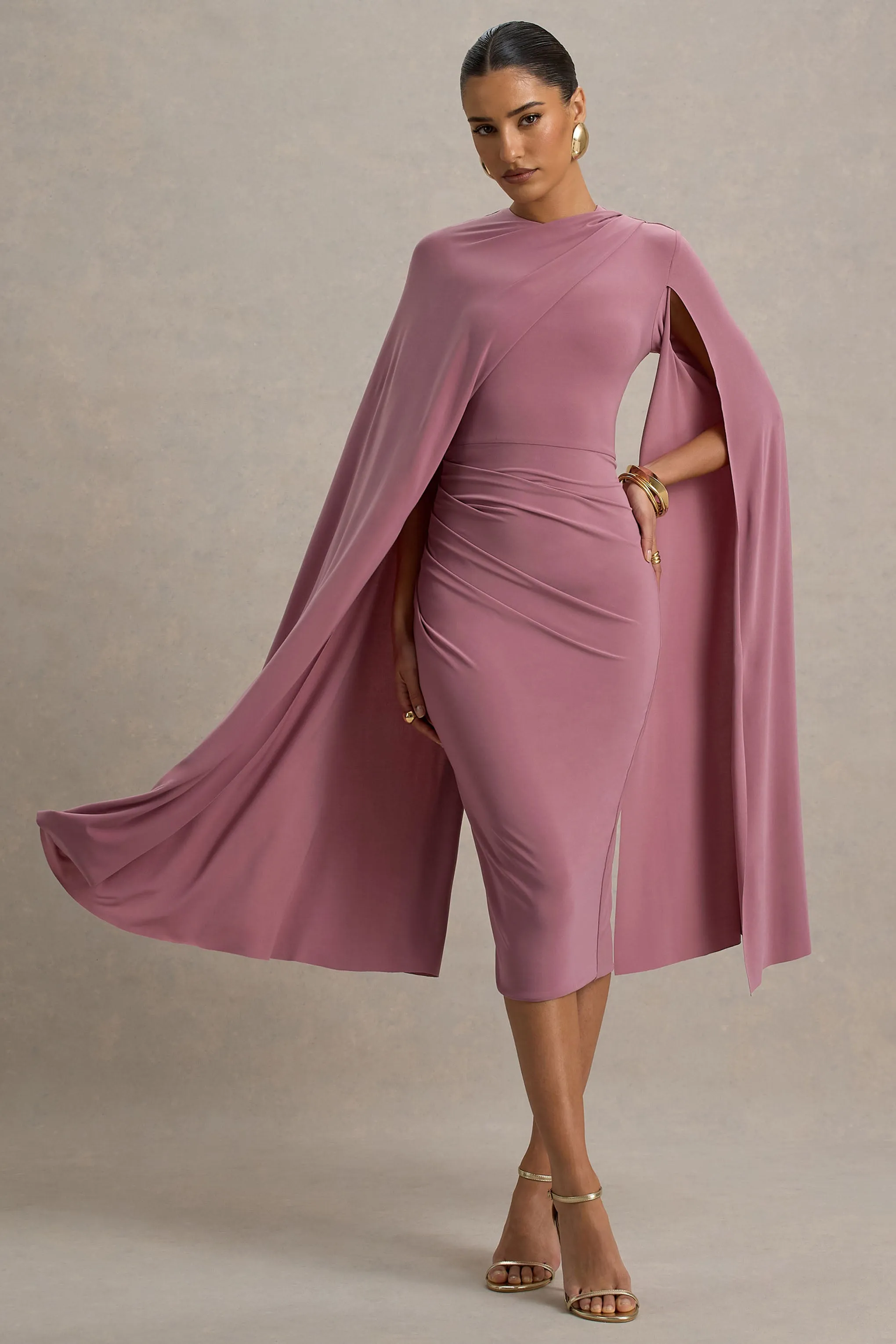 Marysol | Dusky Rose Asymmetric Cape Midi Dress sold by Club L London