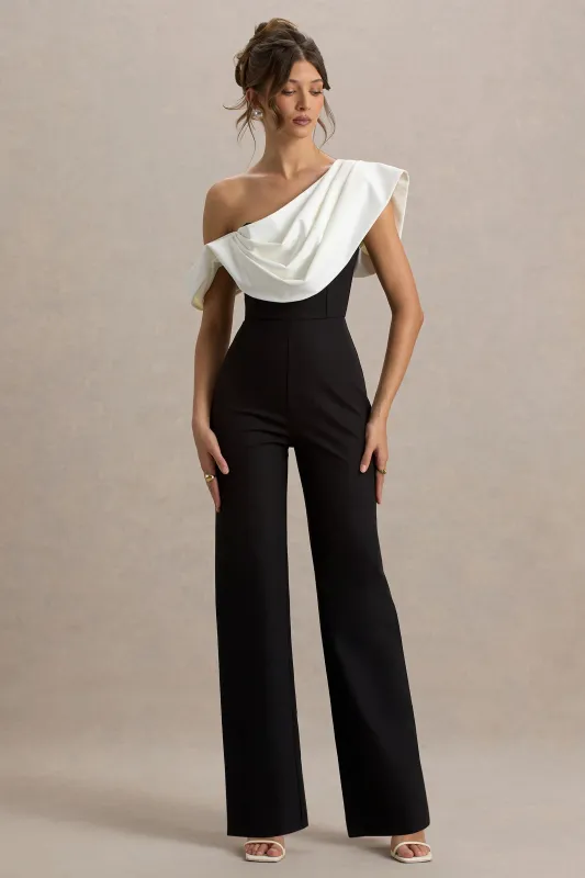 Falling For You | Black & White Asymmetric Draped Jumpsuit sold by Club L London