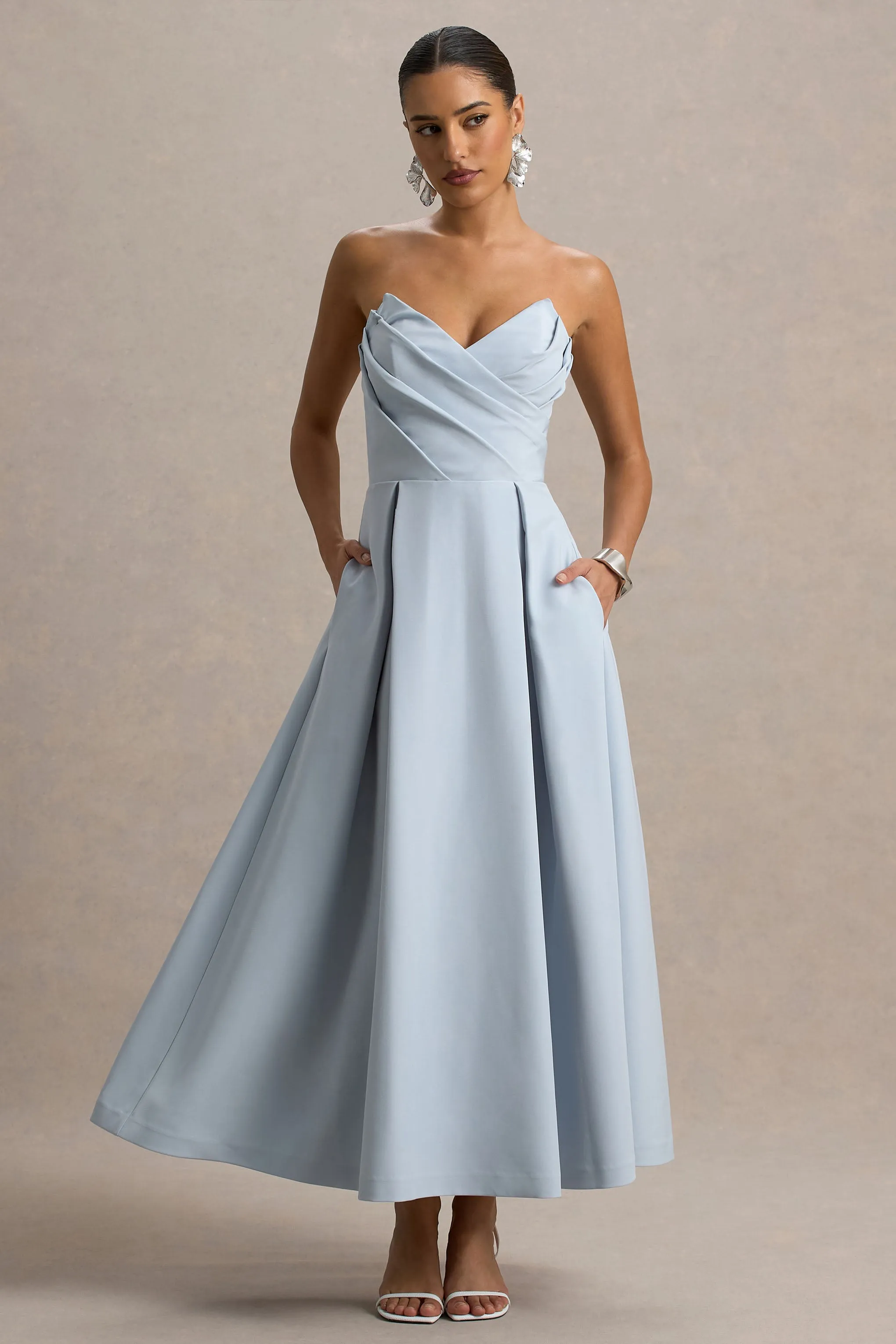 Reigning Beauty | Powder Blue Sweetheart Midi Dress With Volume Hem sold by Club L London