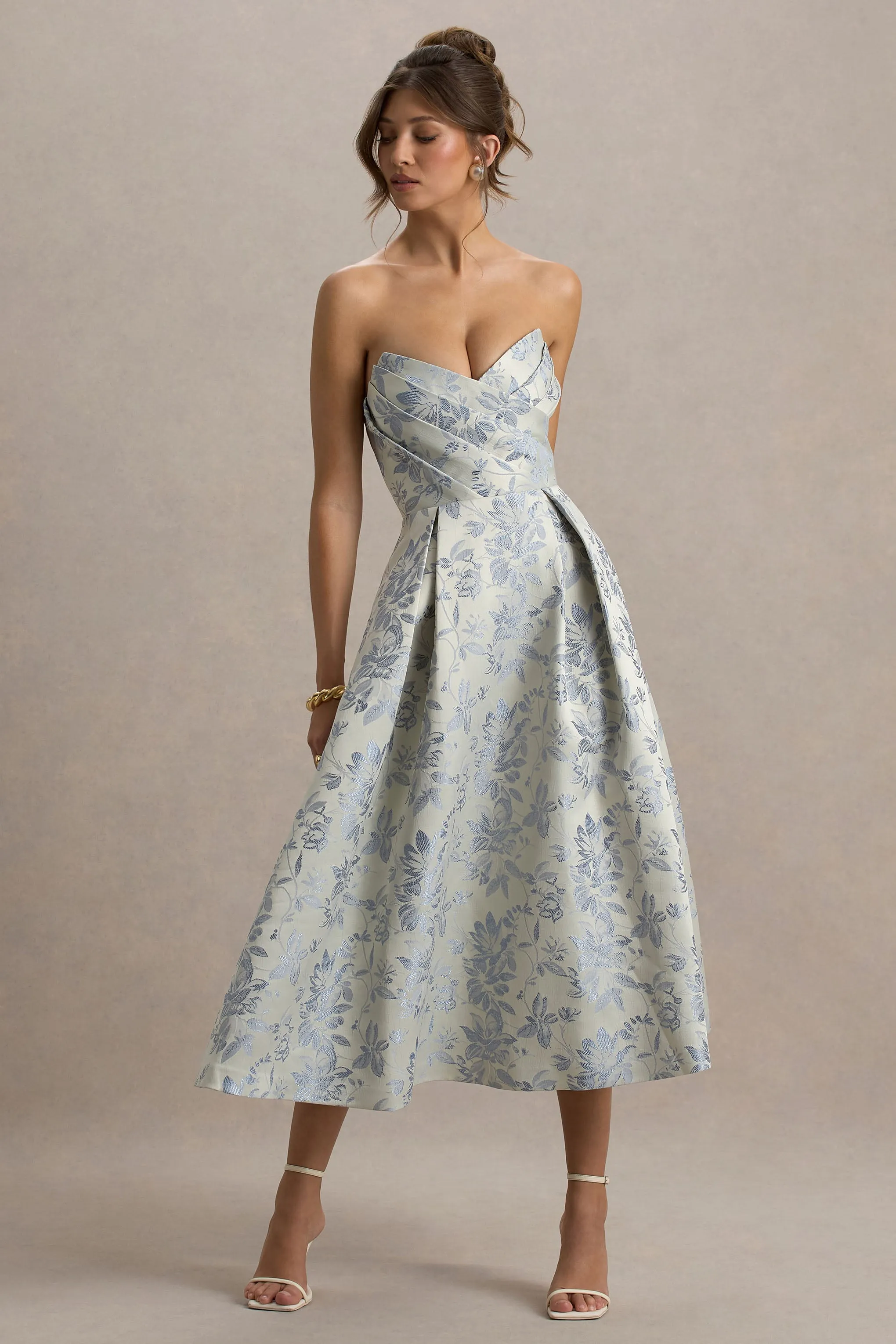 One Wish | Light Blue Jacquard Sweetheart Midi Dress sold by Club L London product image thumbnail 4