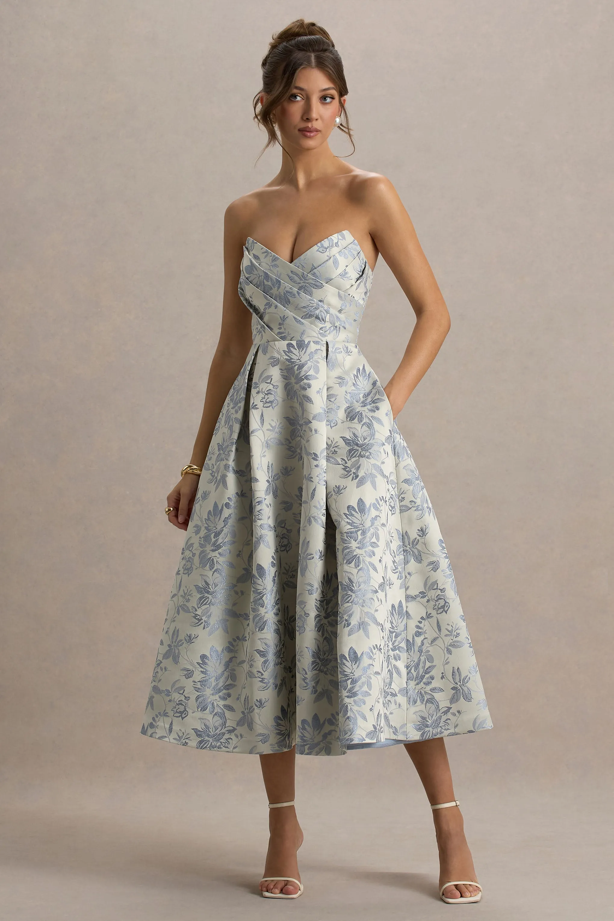 One Wish | Light Blue Jacquard Sweetheart Midi Dress sold by Club L London product image thumbnail 5