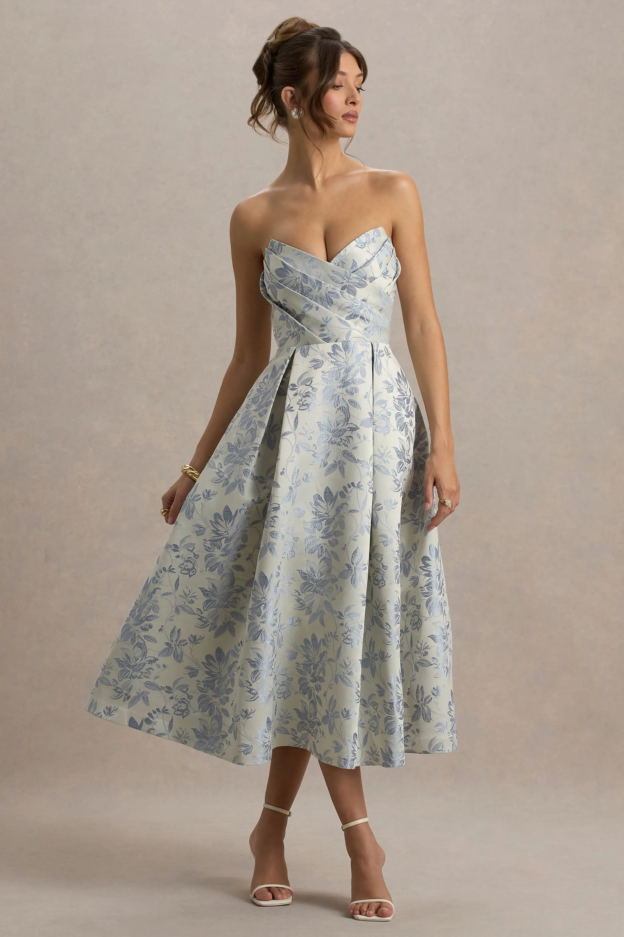 One Wish | Light Blue Jacquard Sweetheart Midi Dress sold by Club L London