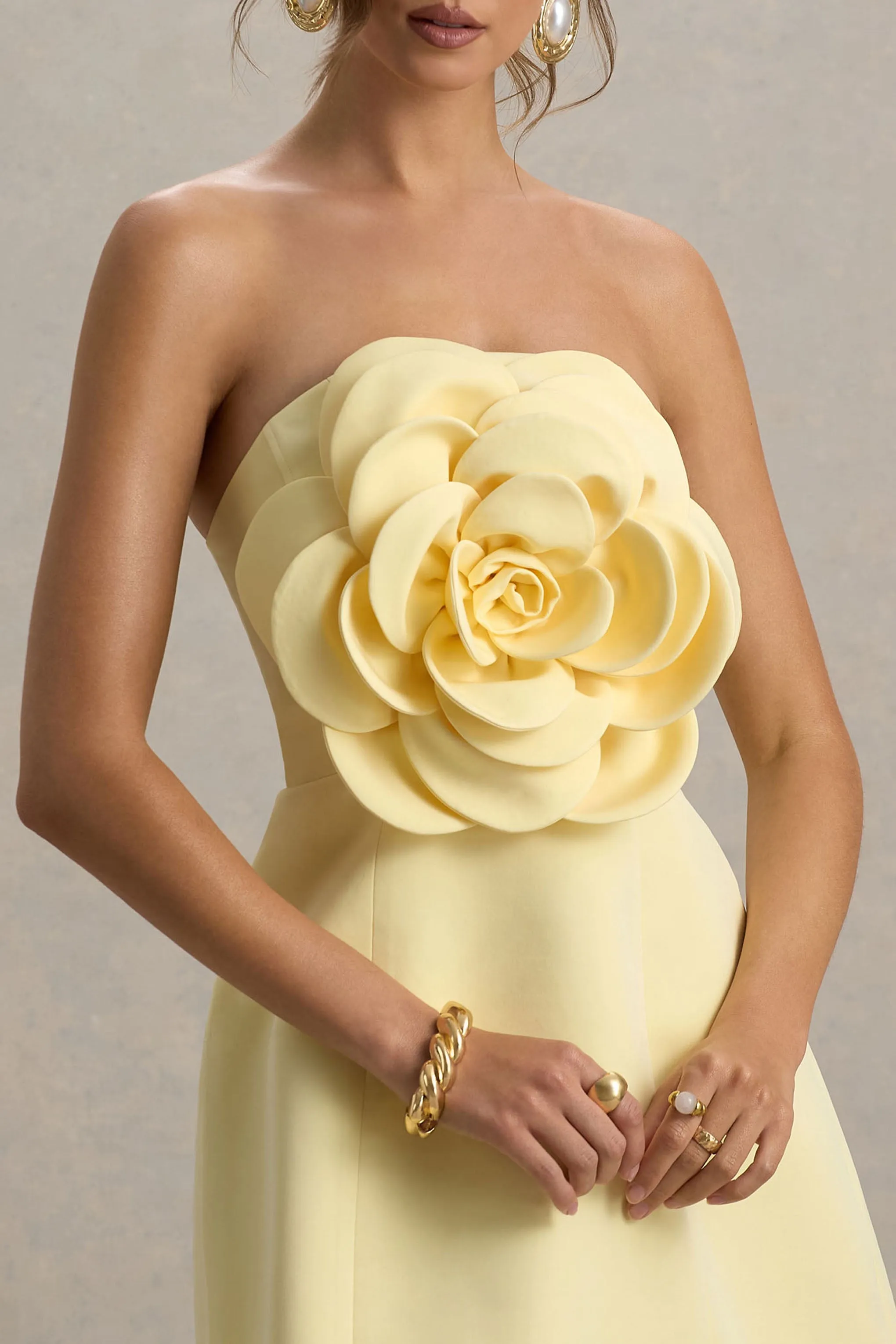 Daffodil | Lemon Bandeau Mini Dress With Large Floral Corsage sold by Club L London product image thumbnail 3