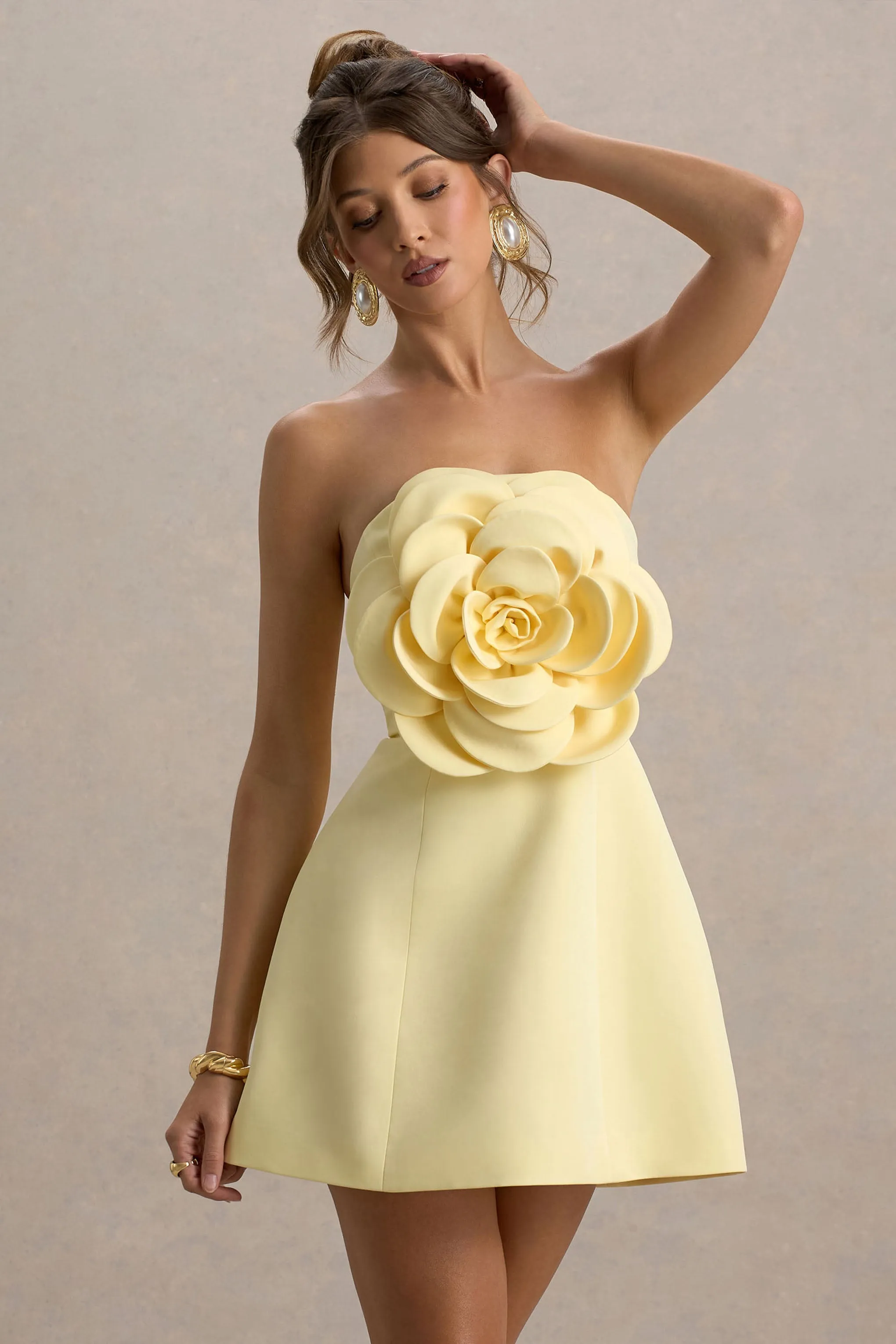 Daffodil | Lemon Bandeau Mini Dress With Large Floral Corsage sold by Club L London product image thumbnail 4