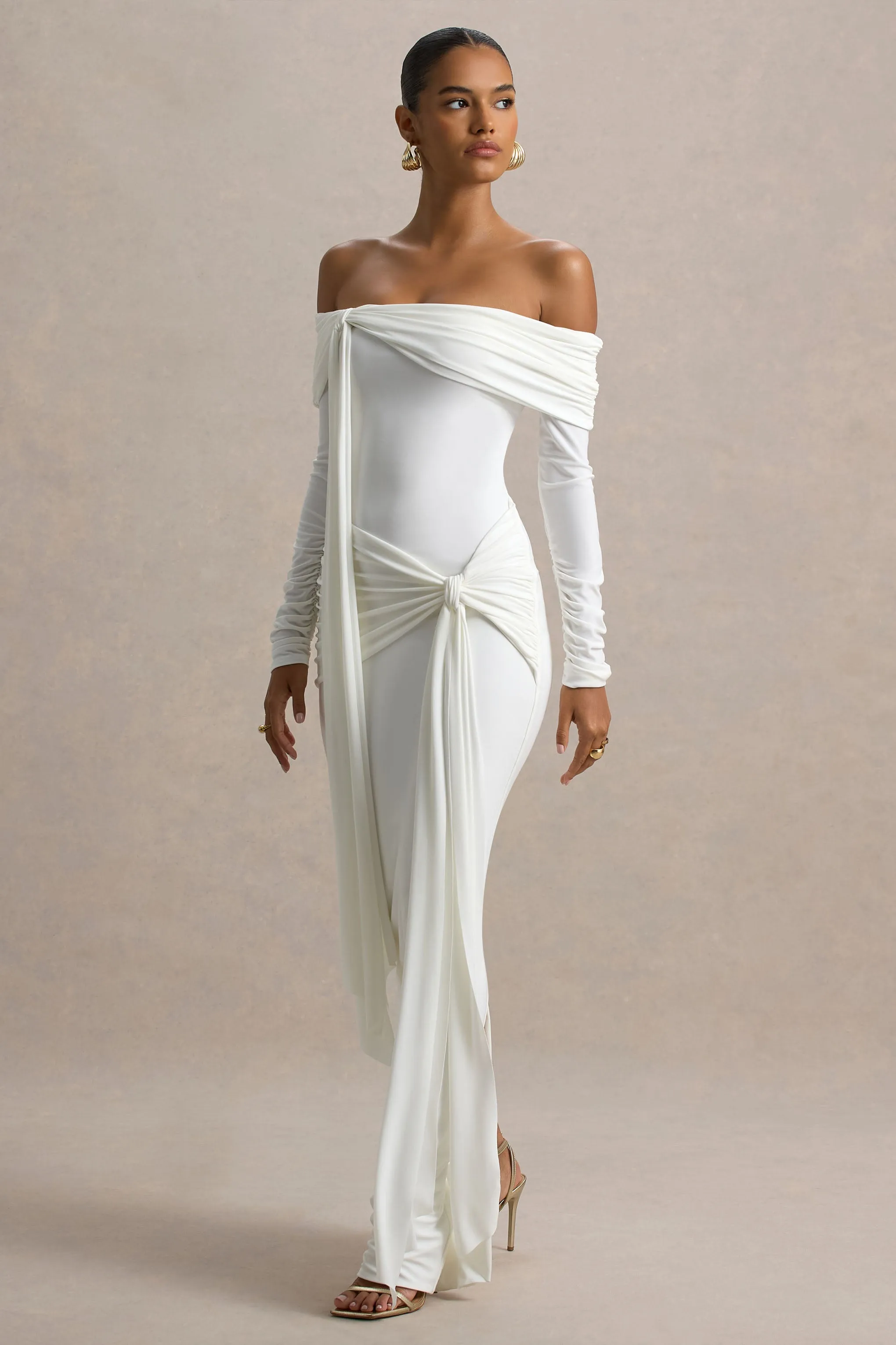 Jovie | White Bardot Wrap Maxi Dress With Sash Detail sold by Club L London product image thumbnail 5