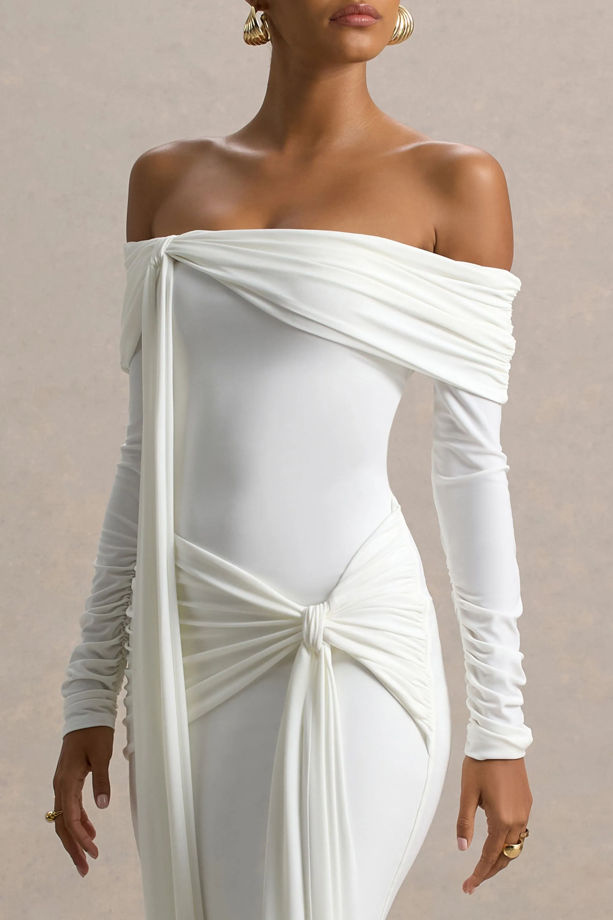 Jovie | White Bardot Wrap Maxi Dress With Sash Detail sold by Club L London product image thumbnail 3