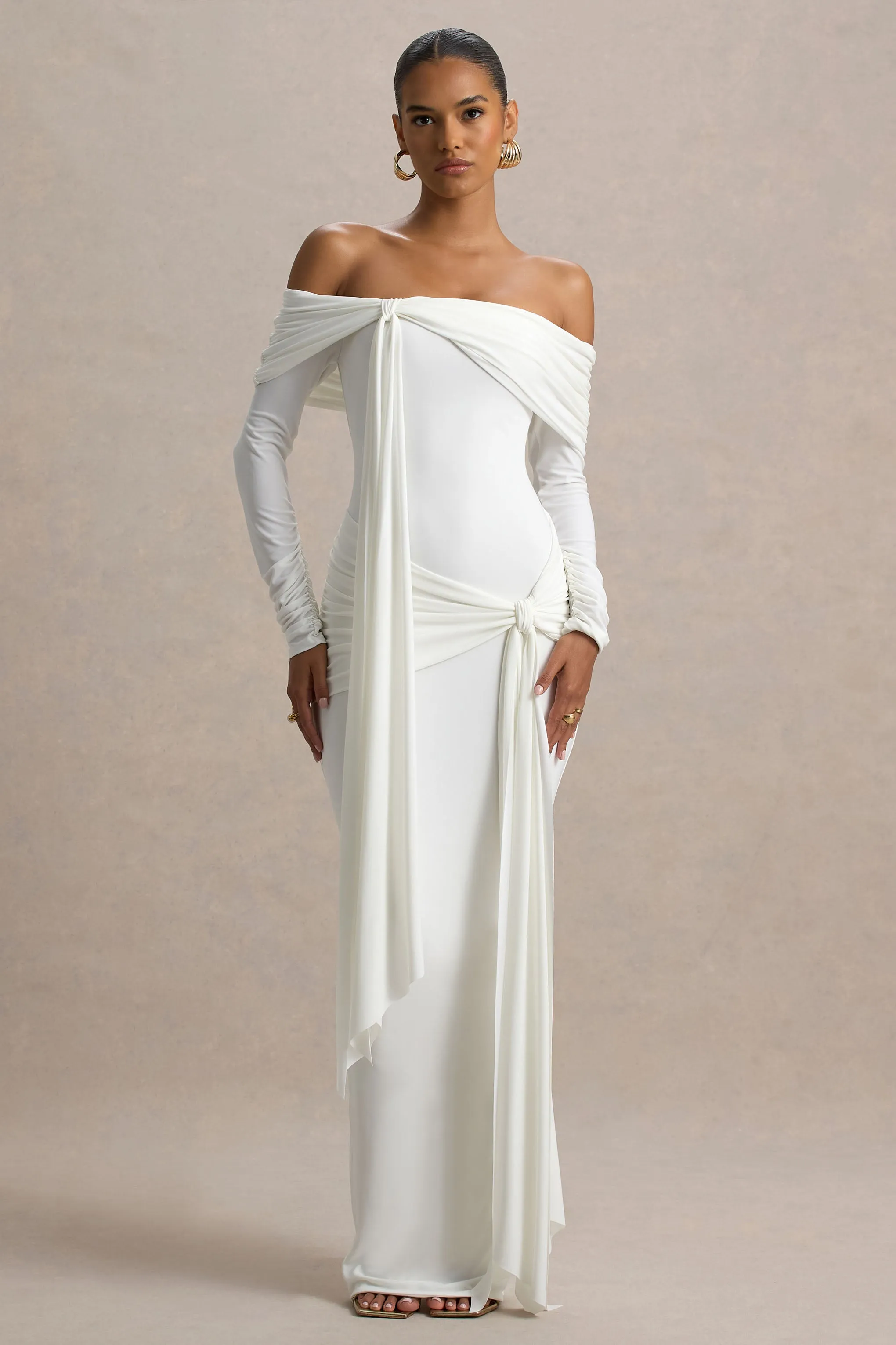 Jovie | White Bardot Wrap Maxi Dress With Sash Detail sold by Club L London product image thumbnail 4