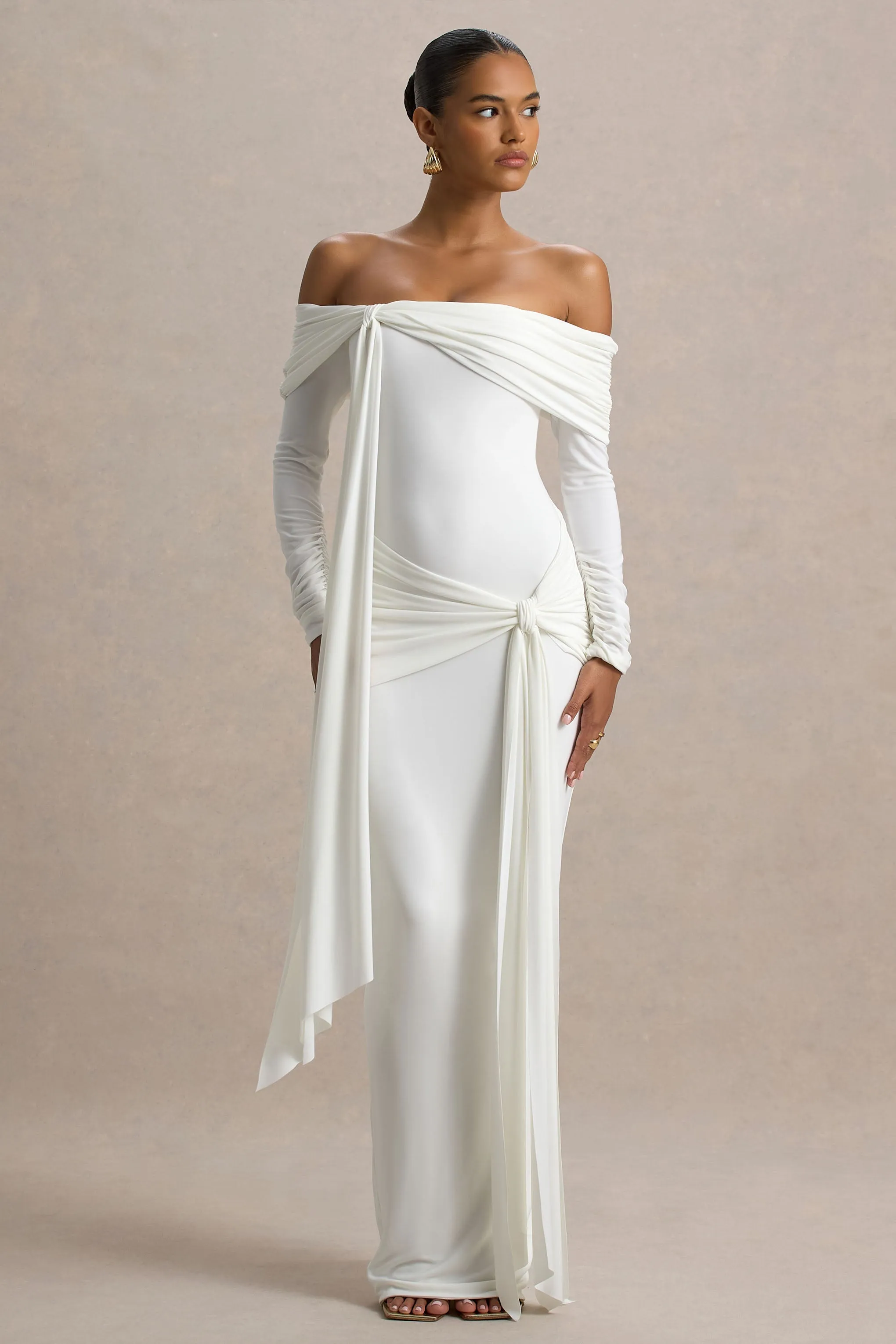 Jovie | White Bardot Wrap Maxi Dress With Sash Detail sold by Club L London