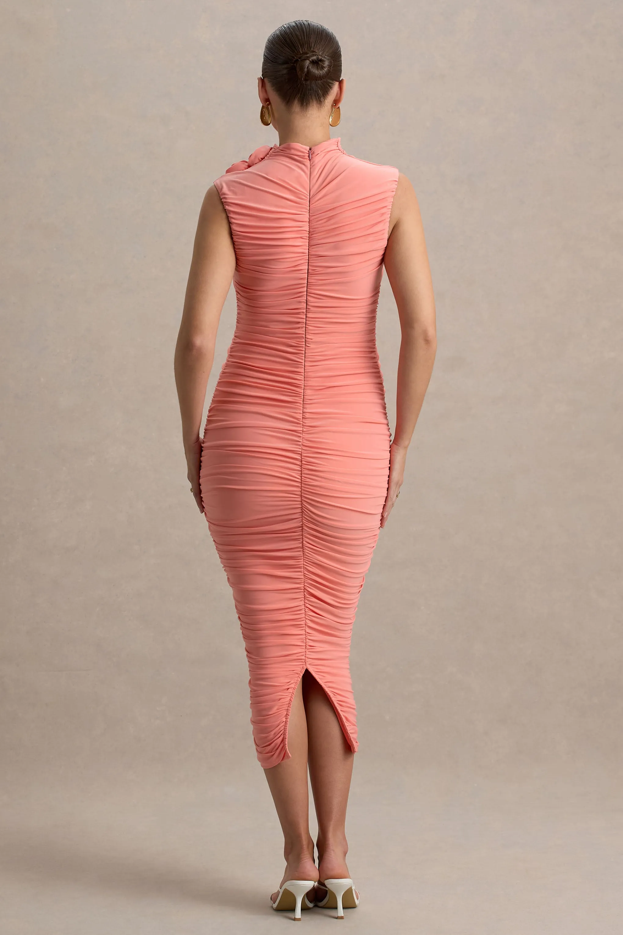 Shellie | Coral High-Neck Maternity Midi Dress With Corsage Detail sold by Club L London product image thumbnail 2