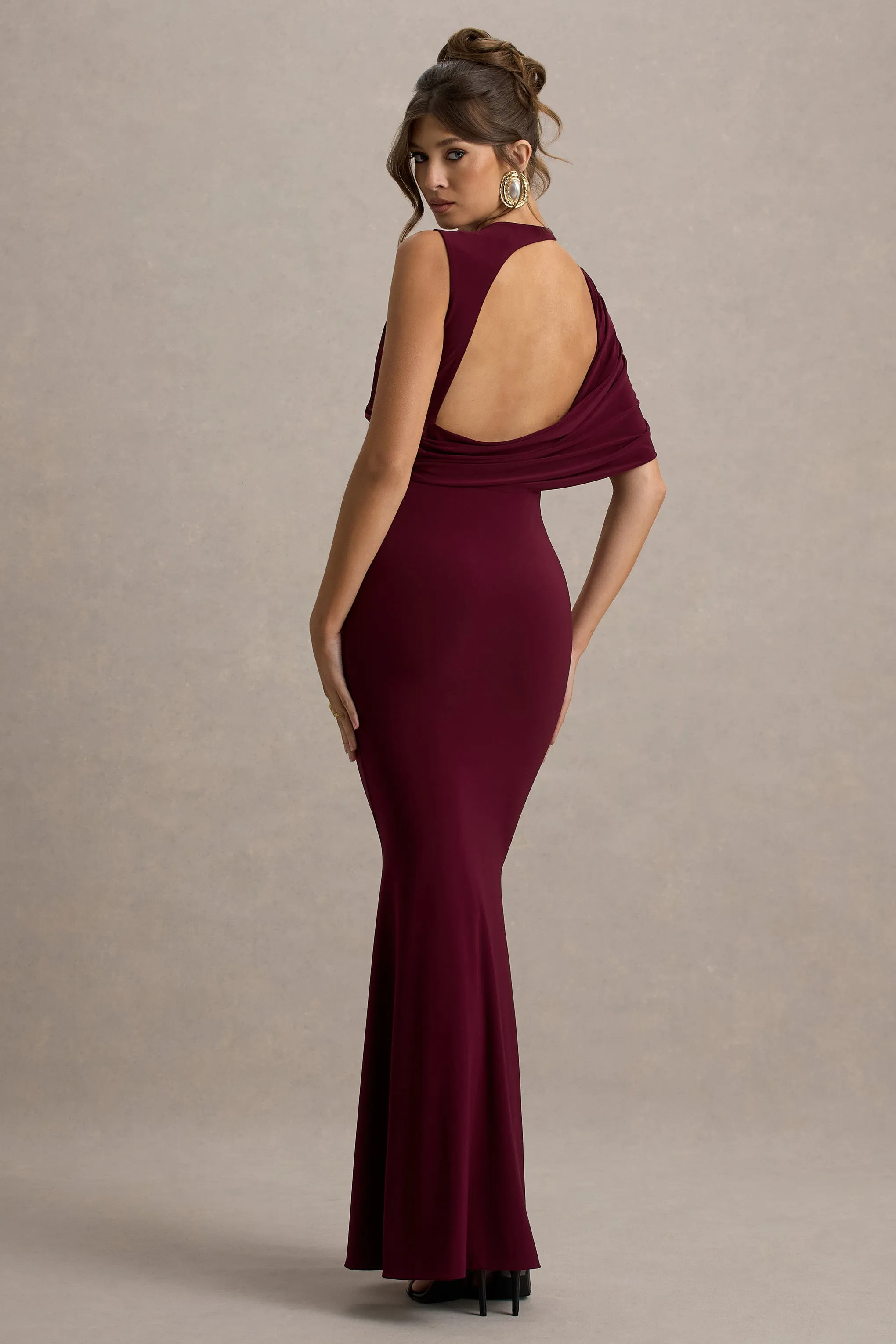 Rae | Burgundy Maxi Dress With One-Sleeve Cape sold by Club L London product image thumbnail 2