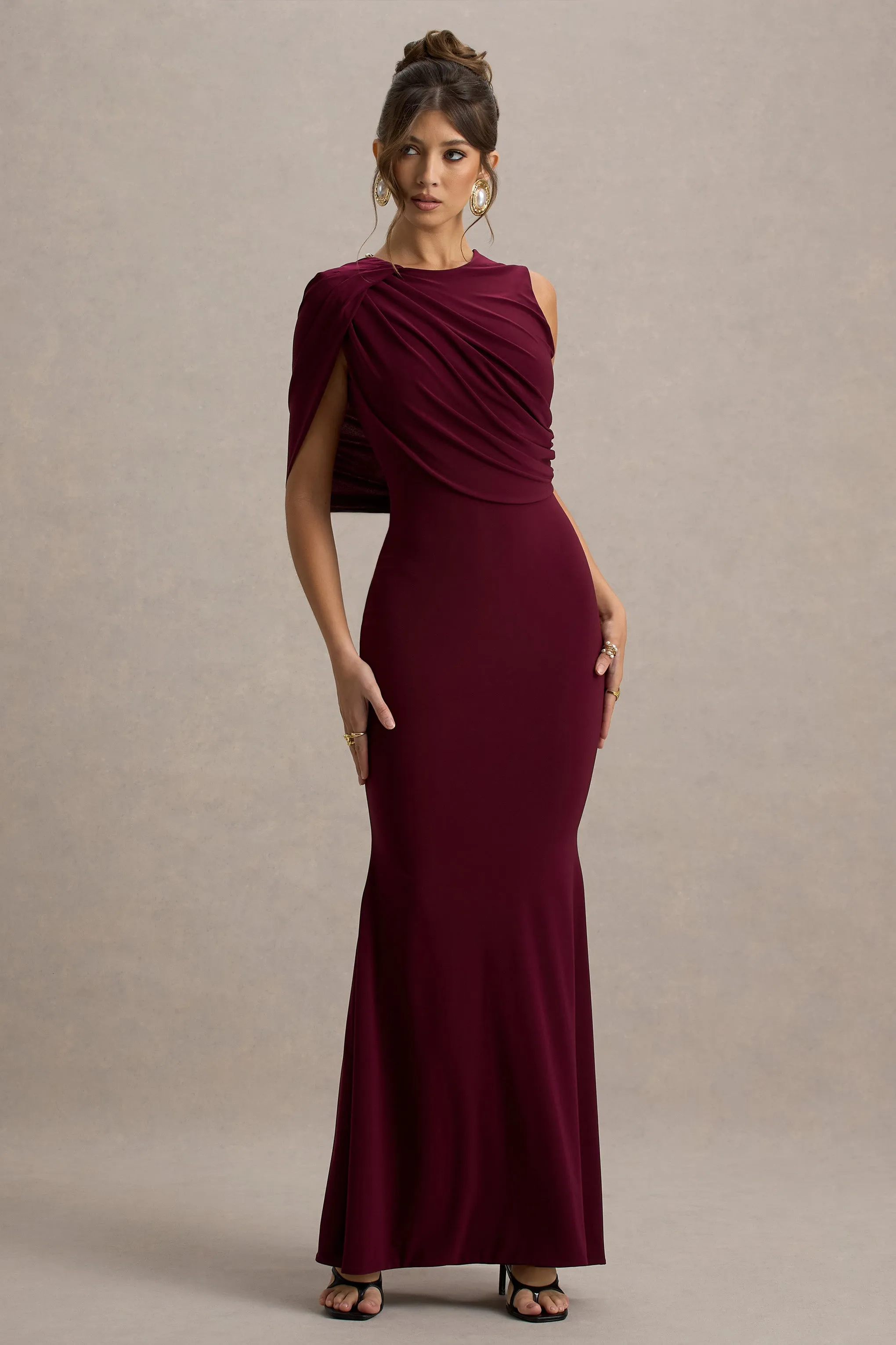 Rae | Burgundy Maxi Dress With One-Sleeve Cape sold by Club L London product image thumbnail 4