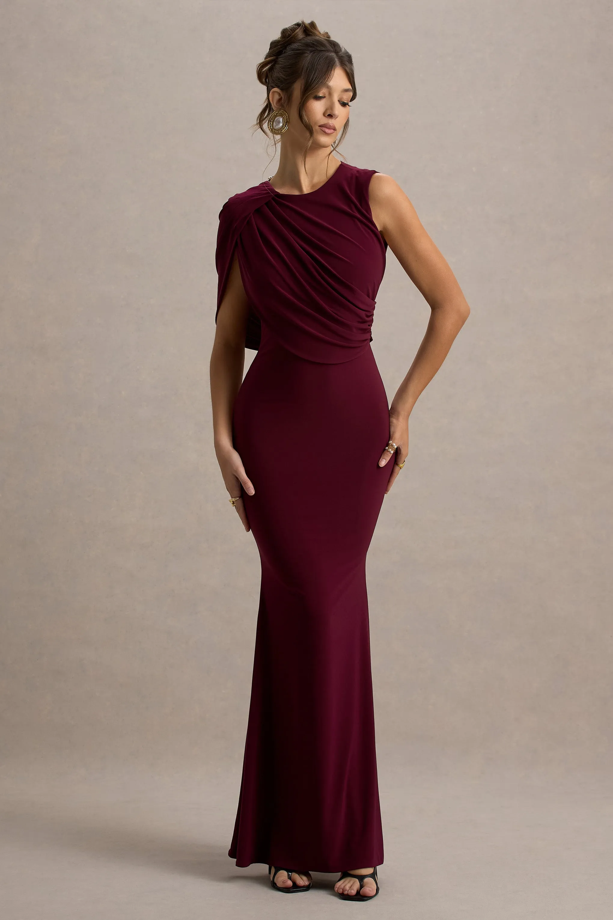 Rae | Burgundy Maxi Dress With One-Sleeve Cape sold by Club L London product image thumbnail 5