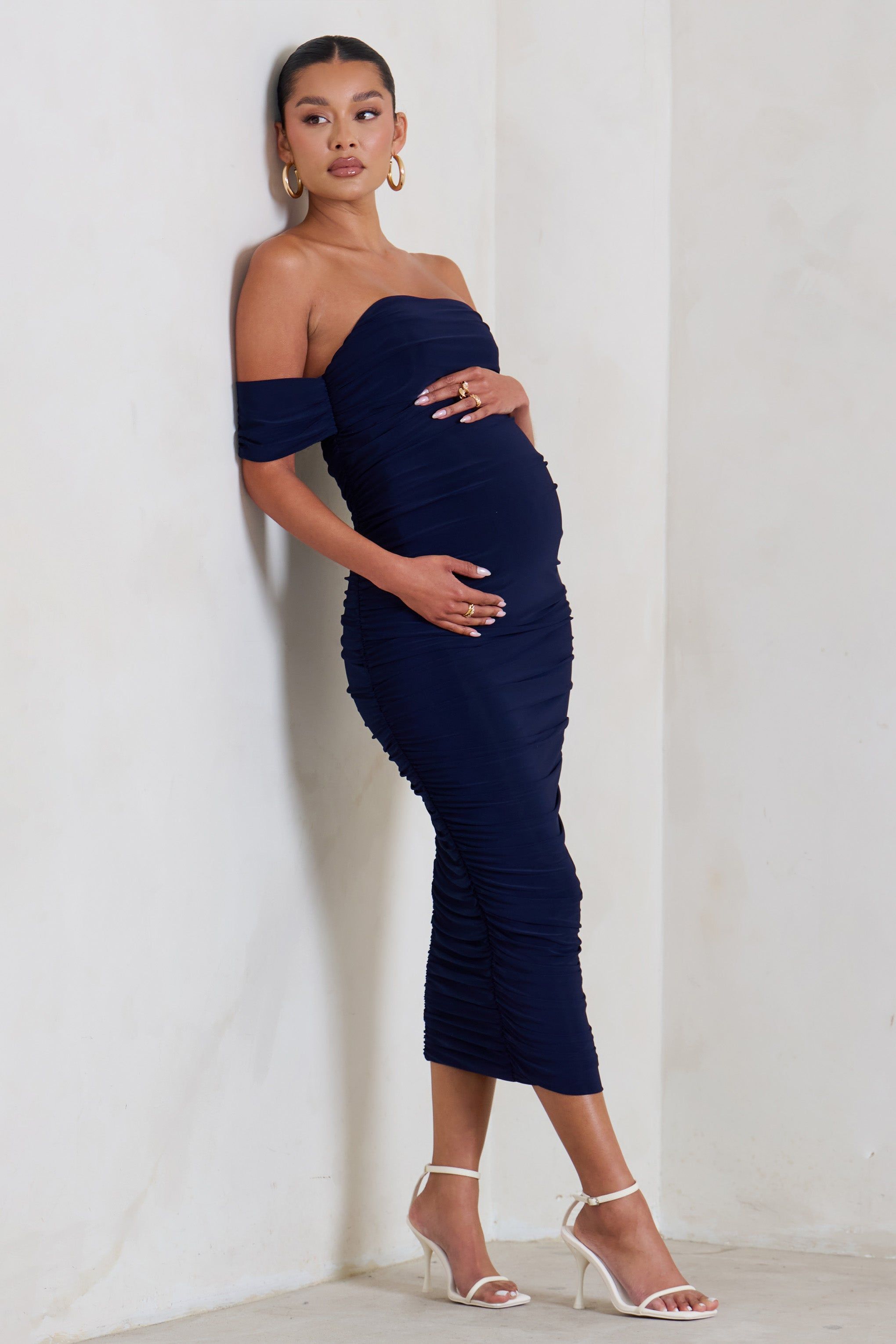Plus One | Navy Maternity Ruched Bardot Midi Dress sold by Club L London product image thumbnail 4