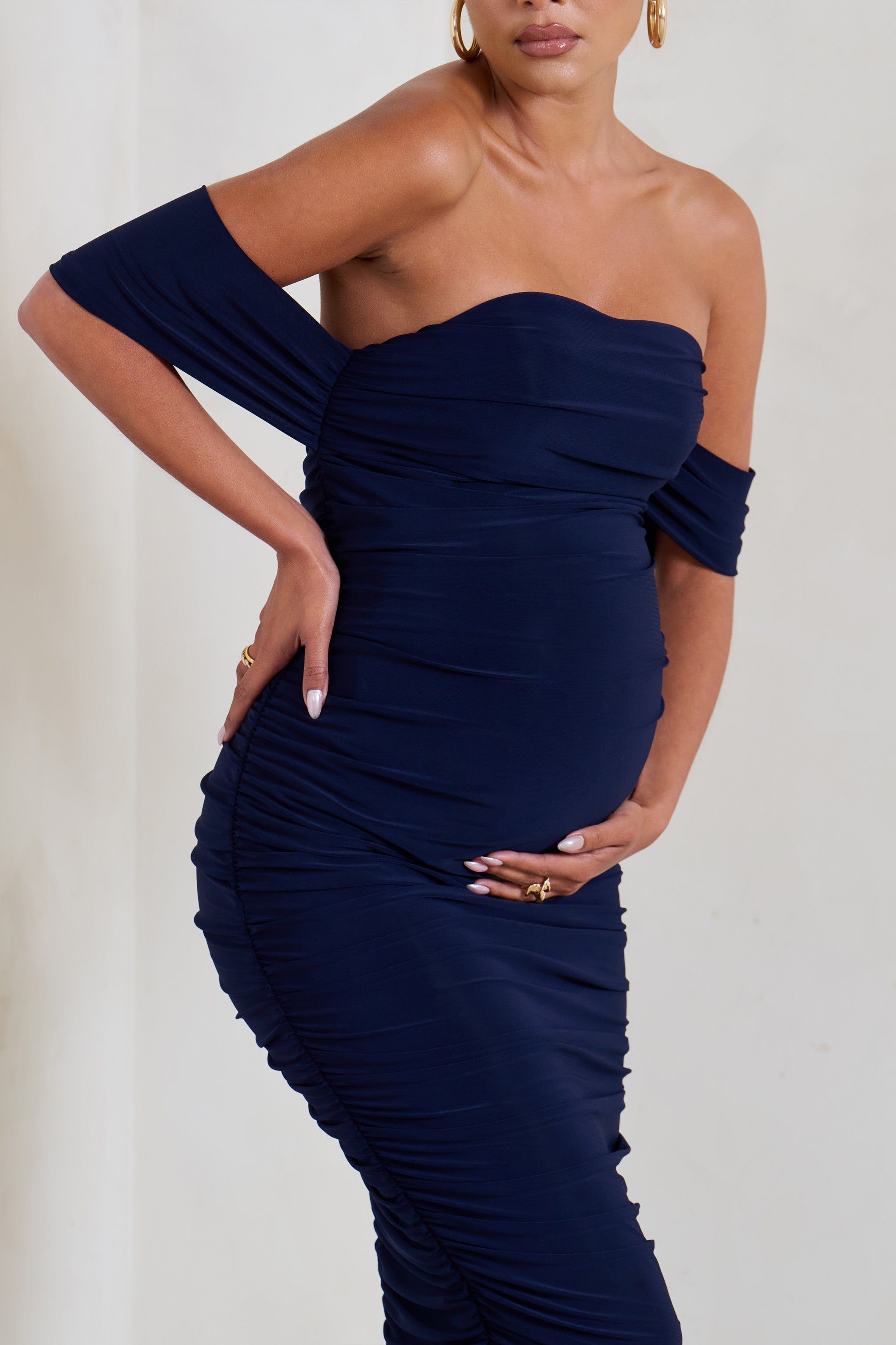 Plus One | Navy Maternity Ruched Bardot Midi Dress sold by Club L London product image thumbnail 3