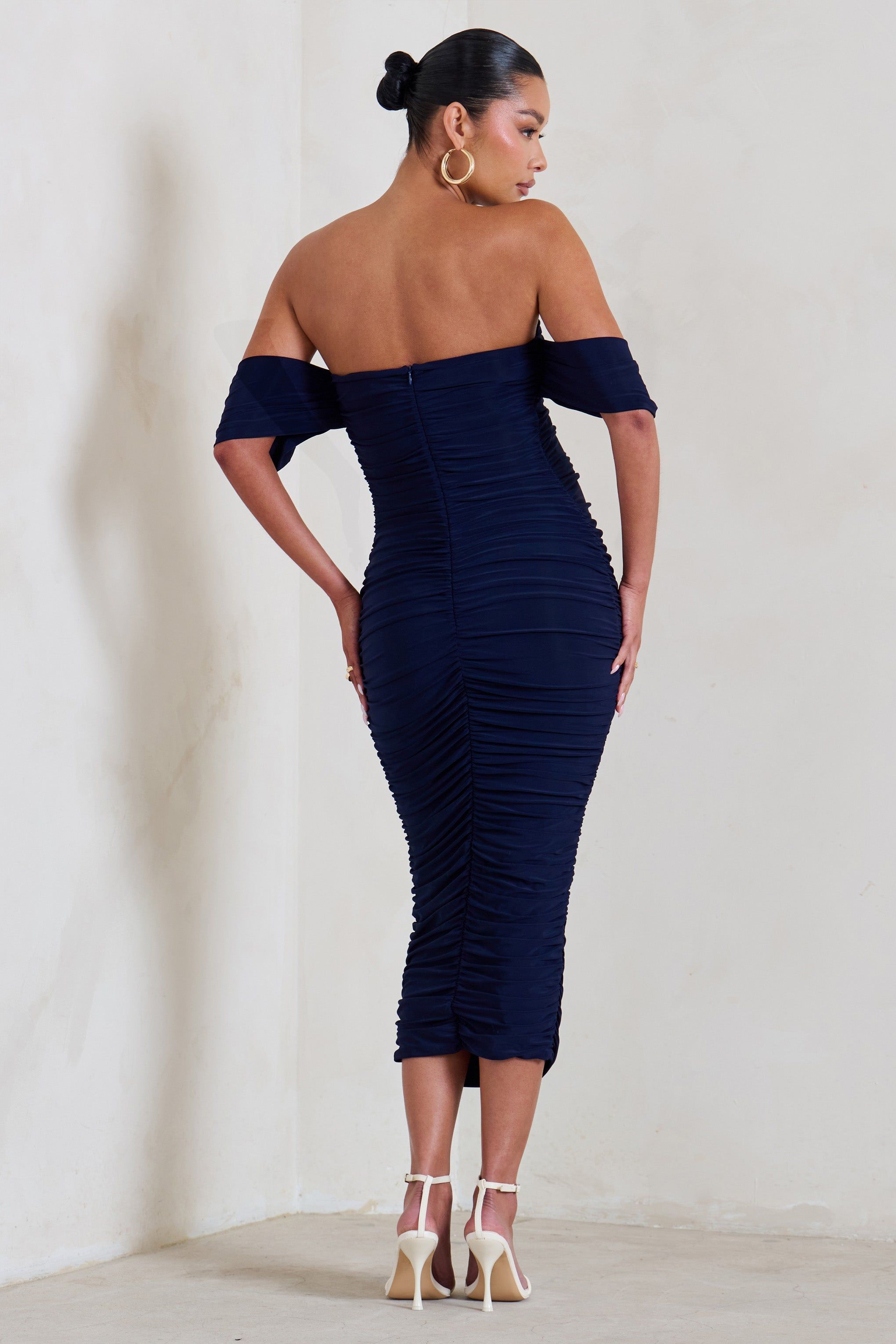 Plus One | Navy Maternity Ruched Bardot Midi Dress sold by Club L London product image thumbnail 2