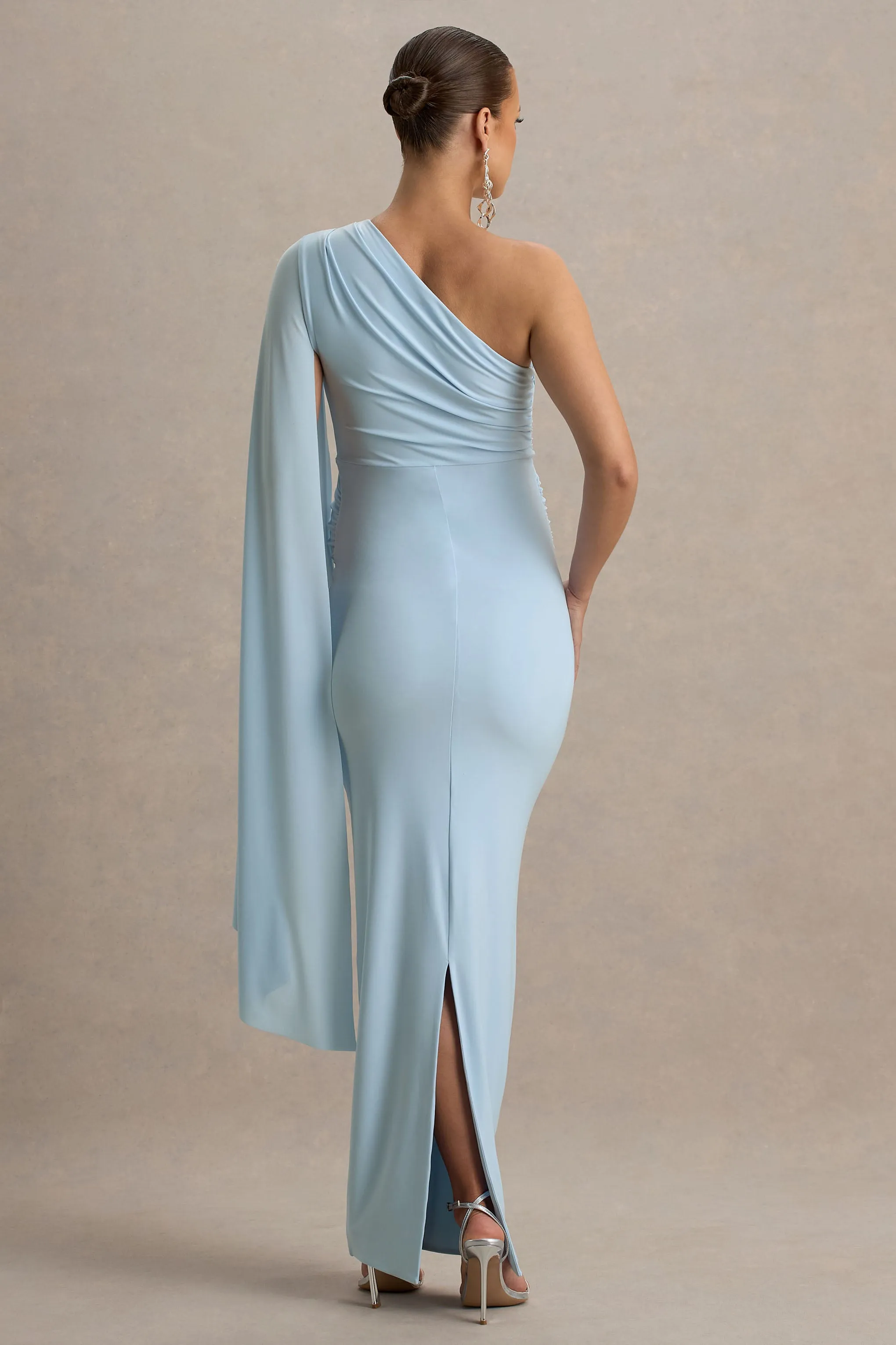Aliana | Powder Blue Asymmetric Maternity Maxi Dress With Ruched Detailing sold by Club L London product image thumbnail 2