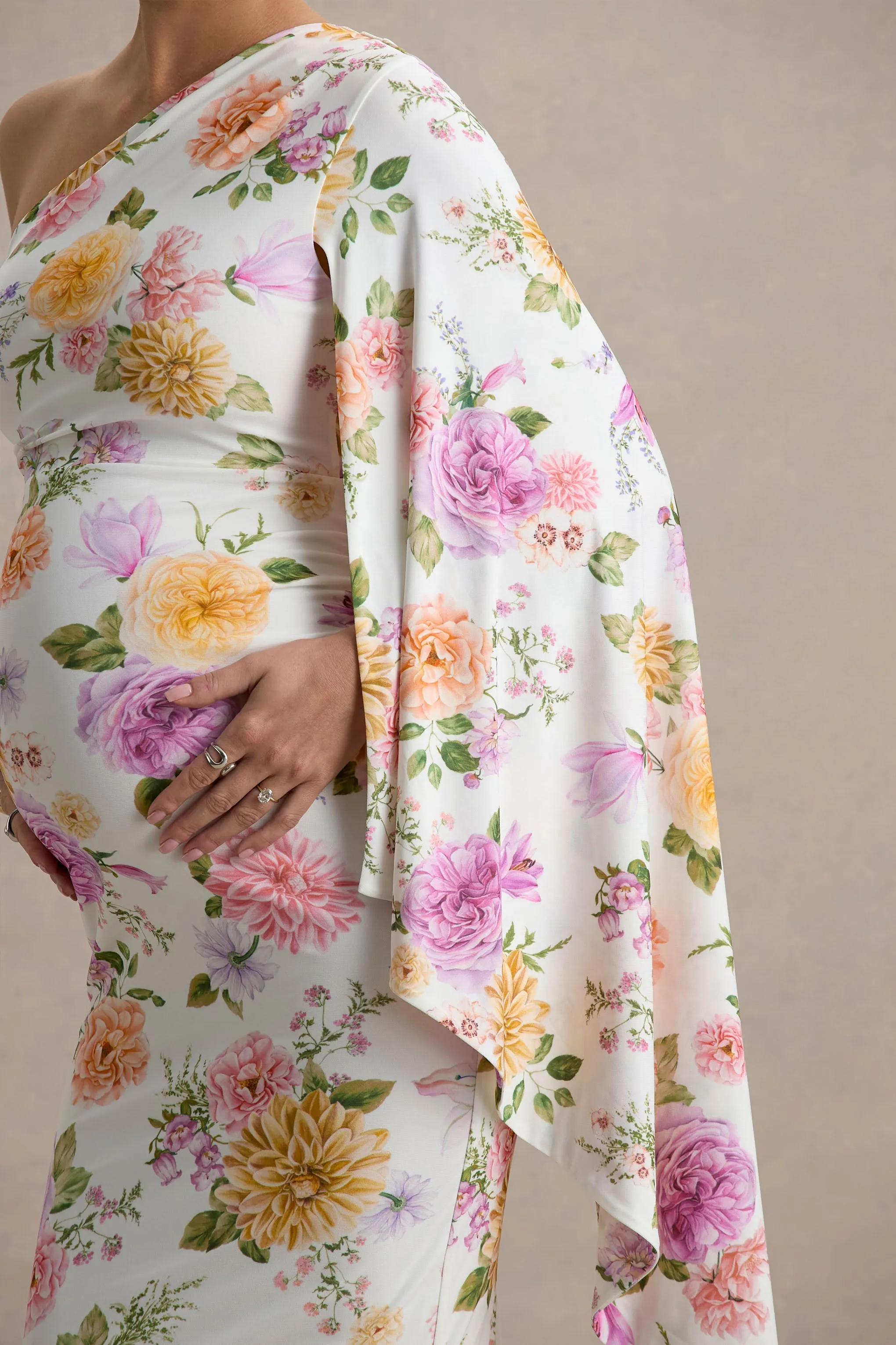 Aliana | Peach And Lilac Floral Print Asymmetric Maternity Maxi Dress With Ruched Detailing sold by Club L London product image thumbnail 3